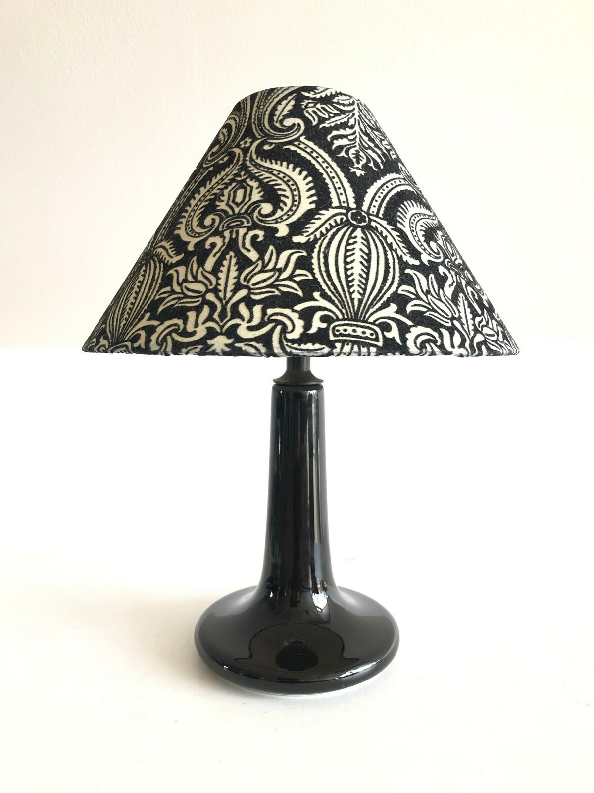 Danish Mid Century Table Lamp In Black Glazed Ceramic Porcelain Base With Black And White Paisley Vintage Fabric Shade   Design By Laoni photo furniture