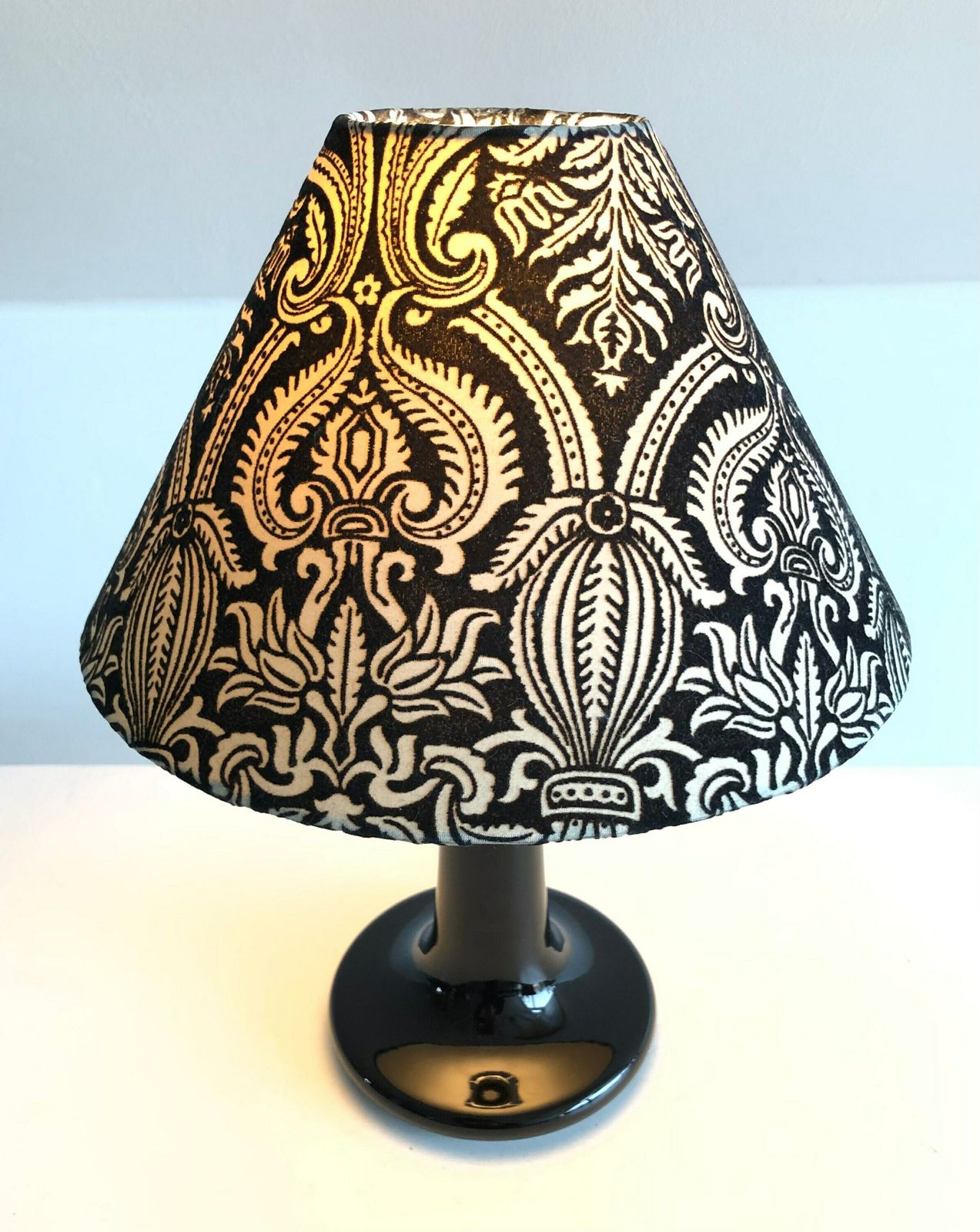 Danish Mid Century Table Lamp In Black Glazed Ceramic Porcelain Base With Black And White Paisley Vintage Fabric Shade   Design By Laoni photo for sale