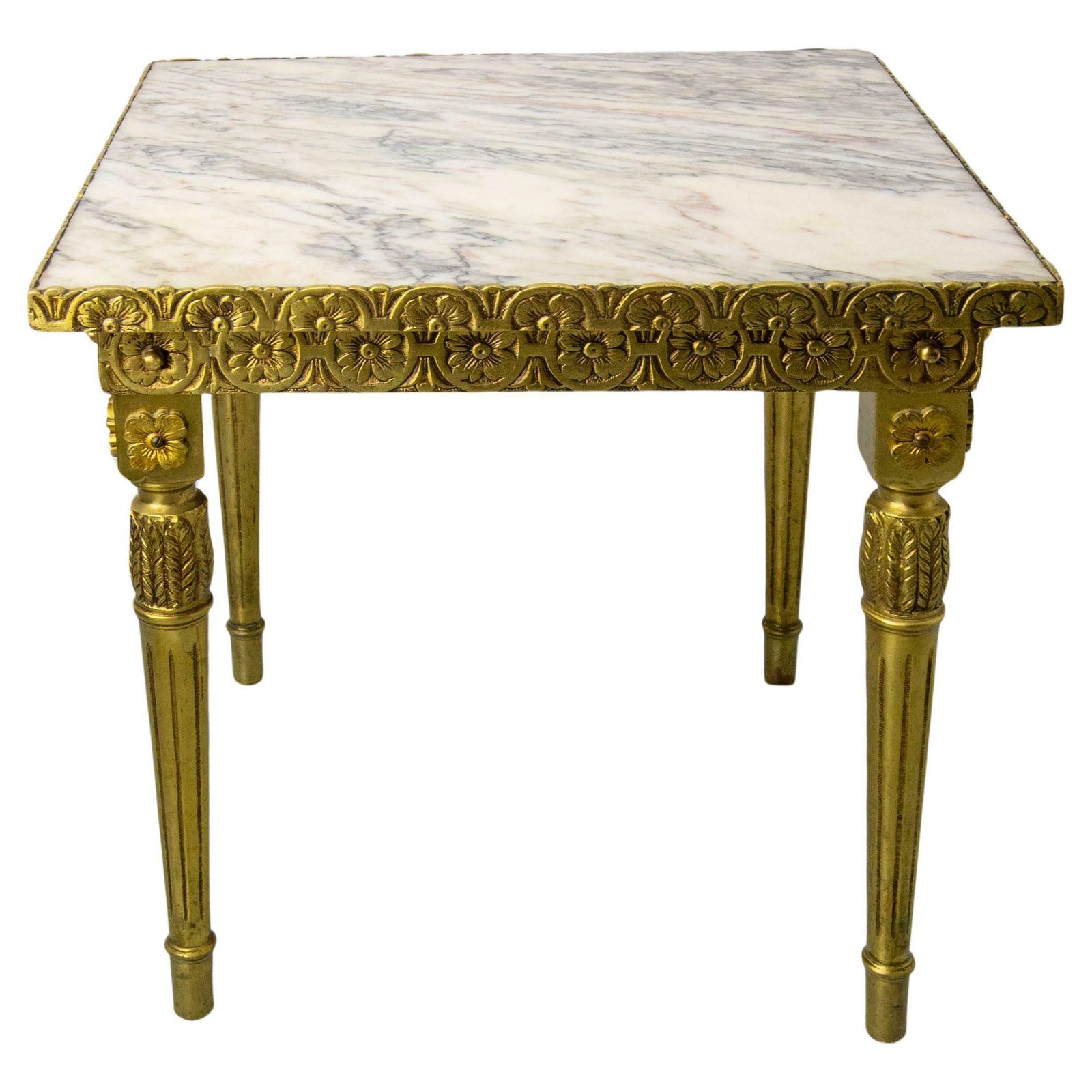 Louis XVI Style Square Side Low Table Brass Marble French, Circa 1960
