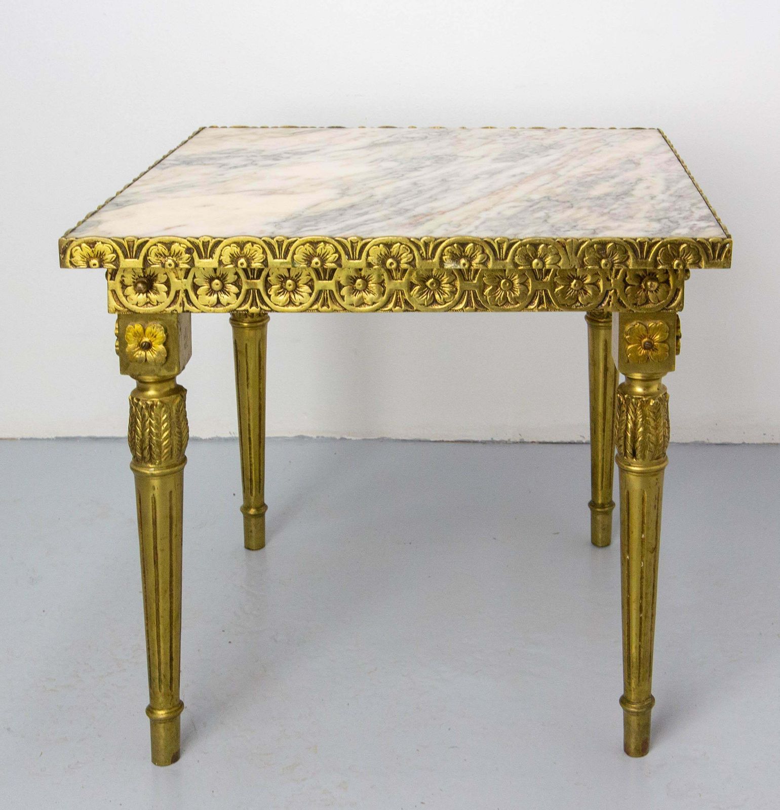 Louis XVI Style Square Side Low Table Brass Marble French, Circa 1960 photo vinterior