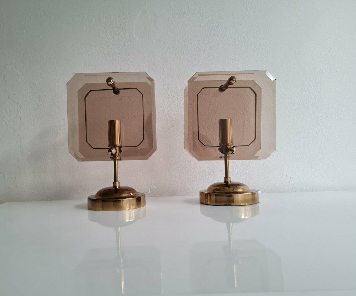 photo furniture Vintage Hollywood Regency Brass And Smoky Glass Wall Lamp Very Beautiful Decor Element