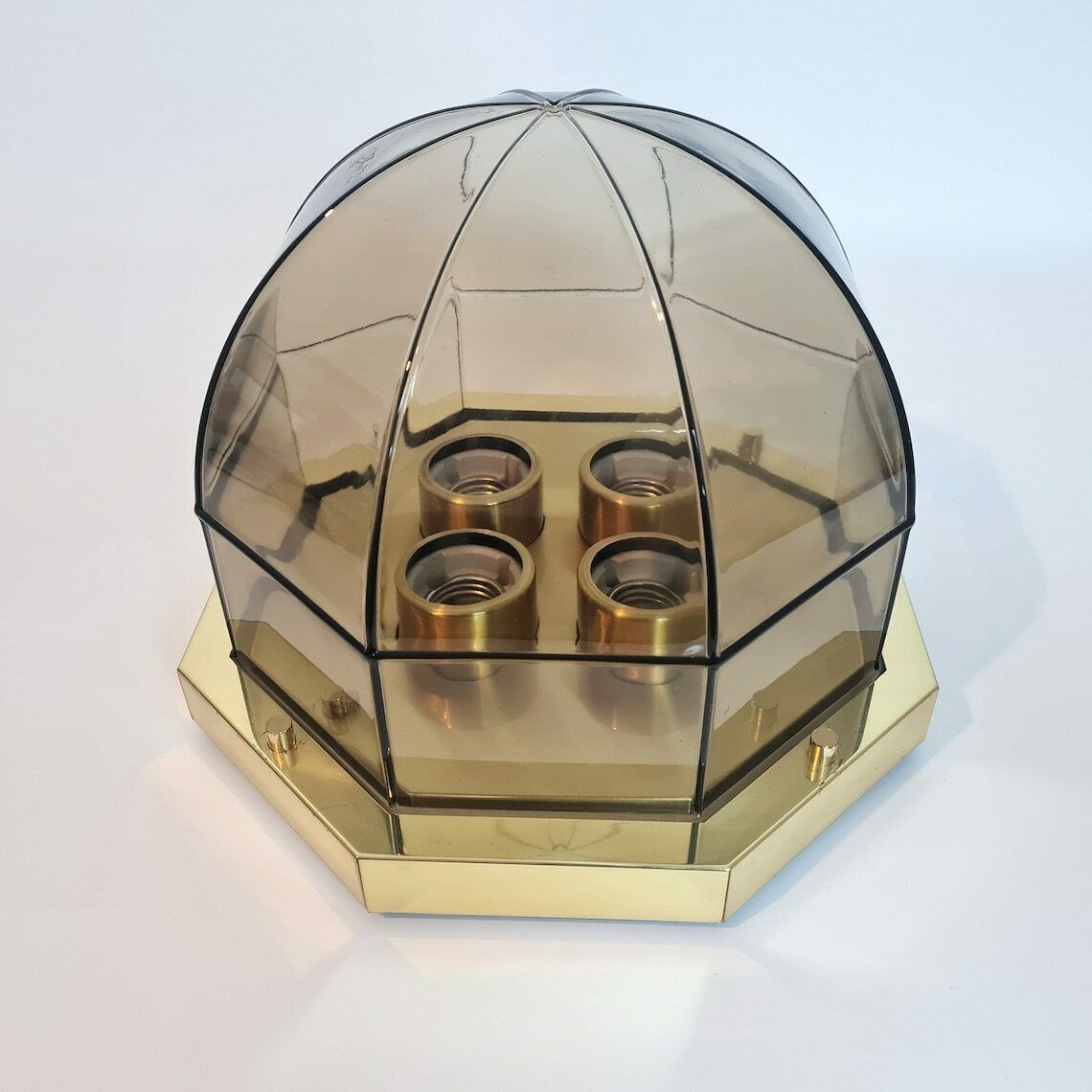 photo for sale Vintage Hollywood Regency Brass And Smoky Glass Limburg Ceiling Lamp 70s