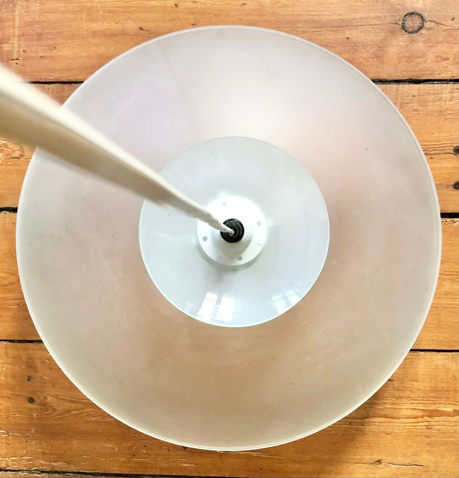 Danish Minimalist Vintage Design Multilayer Ceiling Lamp In Frosted Glass And White Details photo vinterior