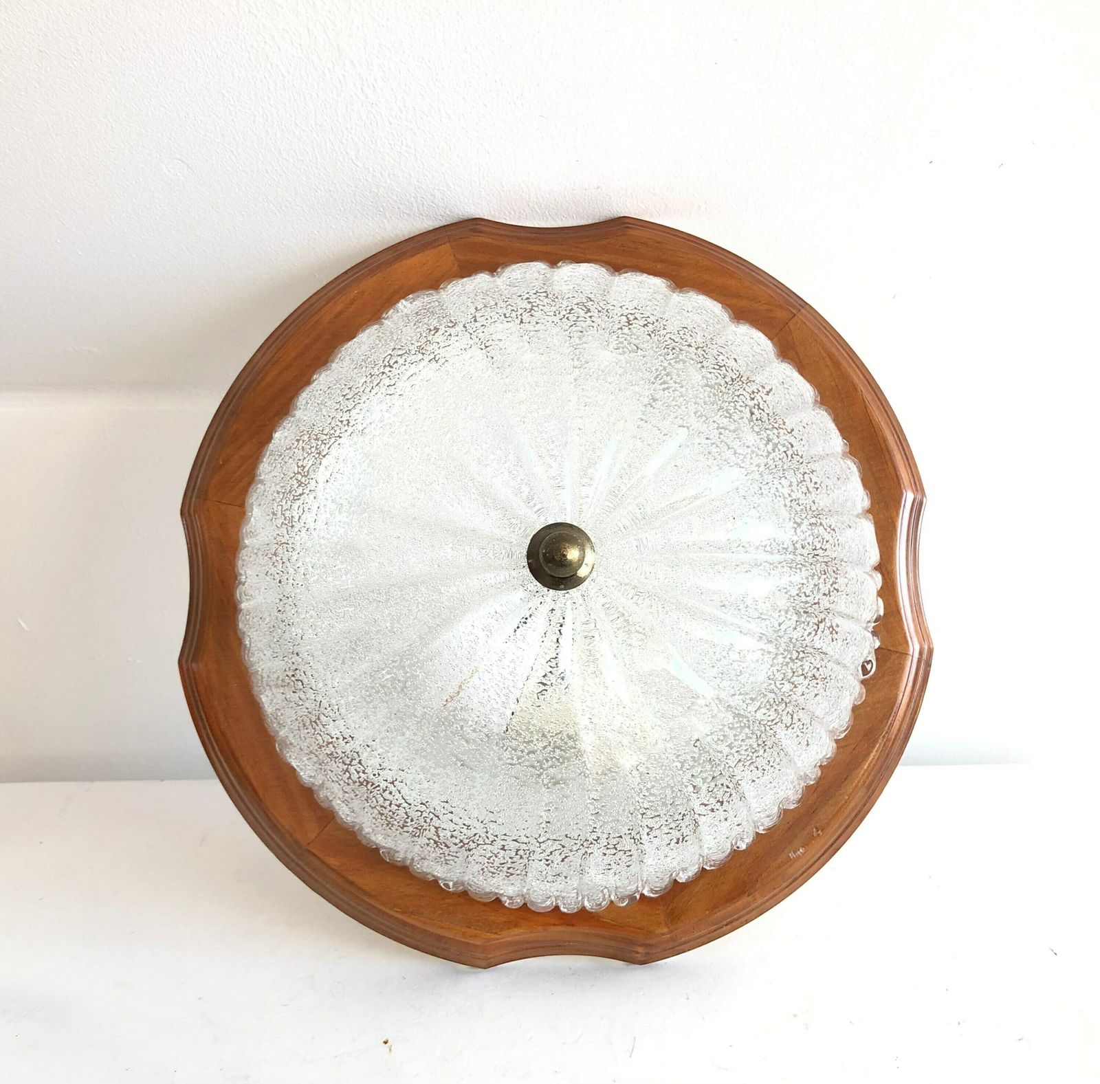 Beautiful Mid Century Design Sconce Lamp With Carved Wood And Bubble Glass Shade In Exquisite Shape photo for sale