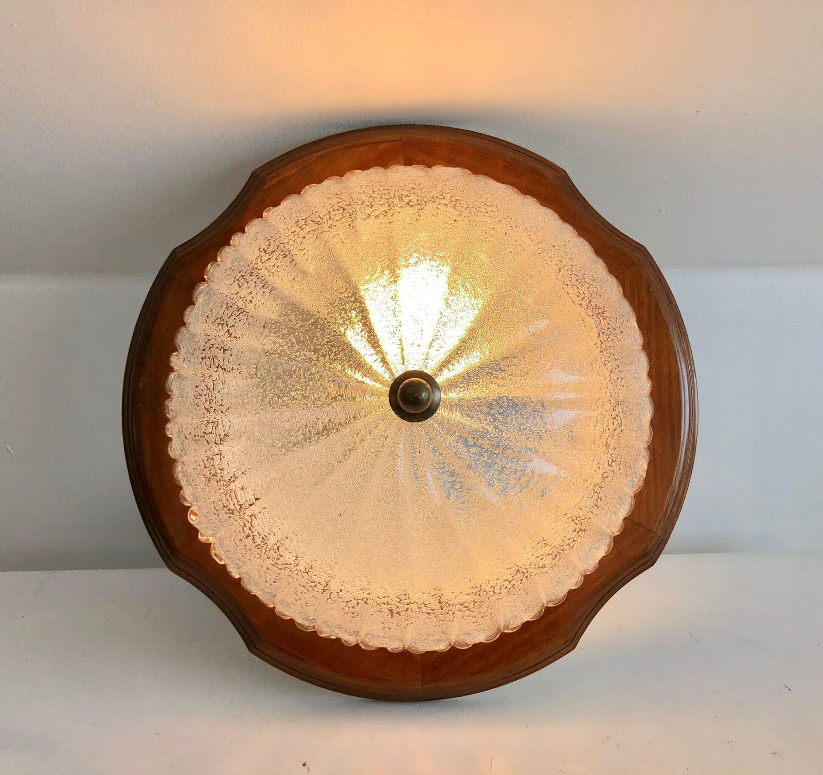 Beautiful Mid Century Design Sconce Lamp With Carved Wood And Bubble Glass Shade In Exquisite Shape photo buy