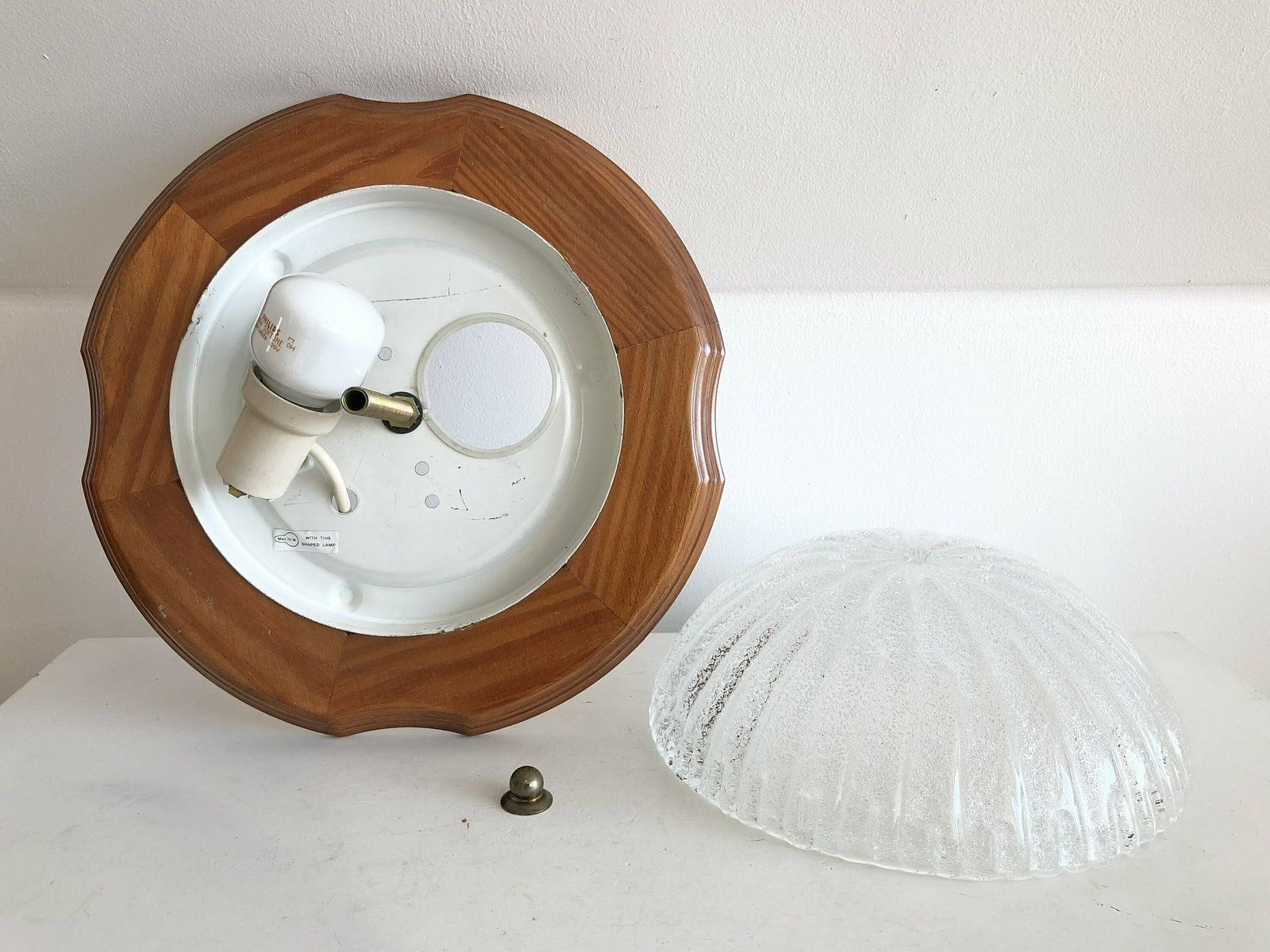 photo furniture Beautiful Mid Century Design Sconce Lamp With Carved Wood And Bubble Glass Shade In Exquisite Shape