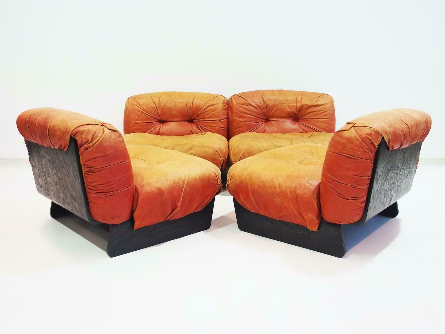 Set Of Four Giuseppe Munari Modular Lounge Chairs Upholstered In Cognac Leather photo vinterior