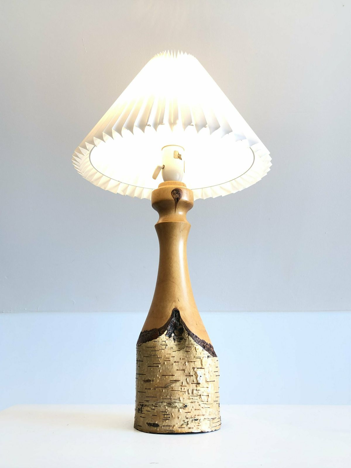 Danish Mid Century Modern Table Lamp Early Model With Natural Birch Wood Base And White Pleated Shade   Design From E.S. Horn, Denmark photo for sale