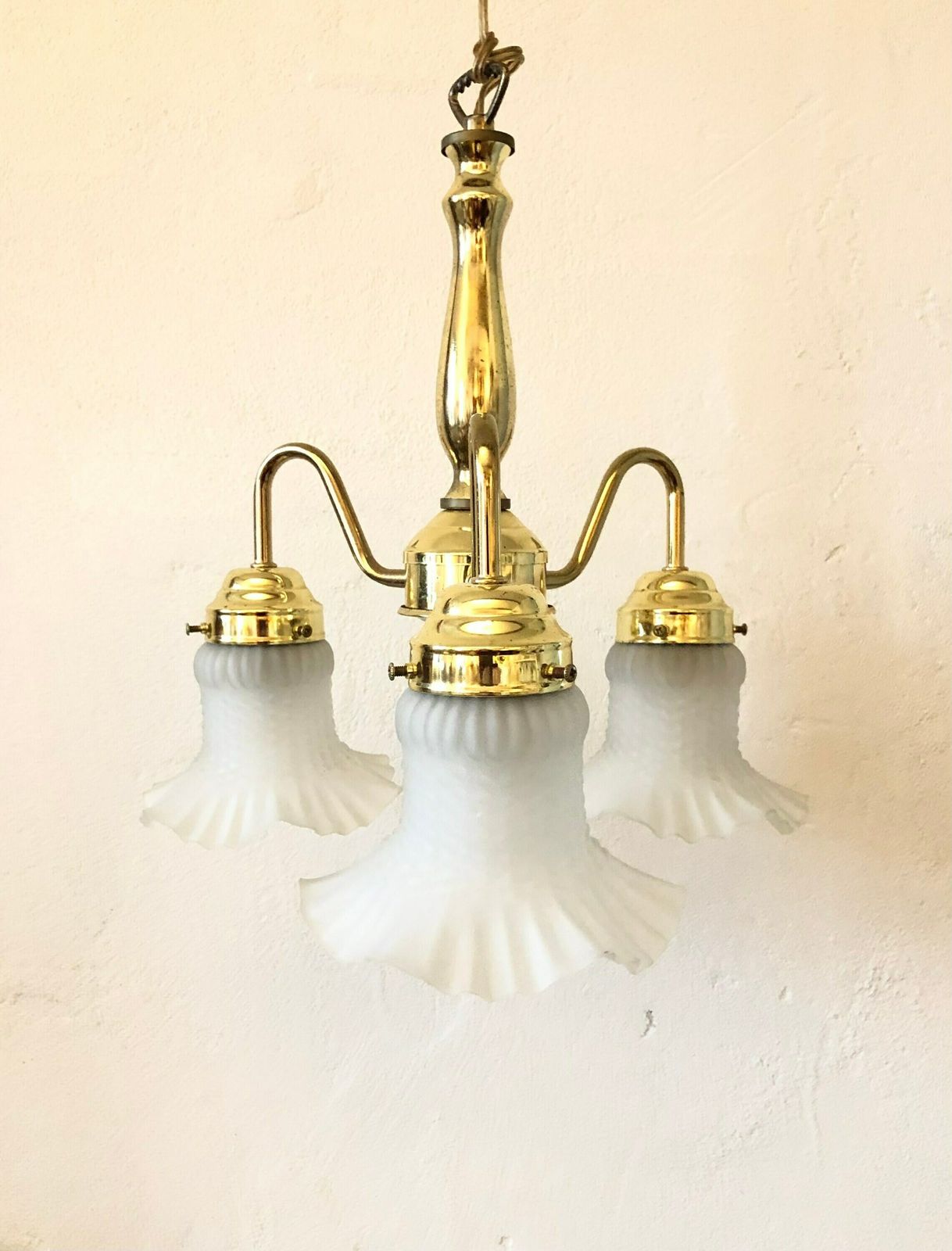 Danish Mid Century Beautiful And Romantic Three Armed Ceiling Lamp With Patterned Glass Shades And Gold Metal Details photo buy