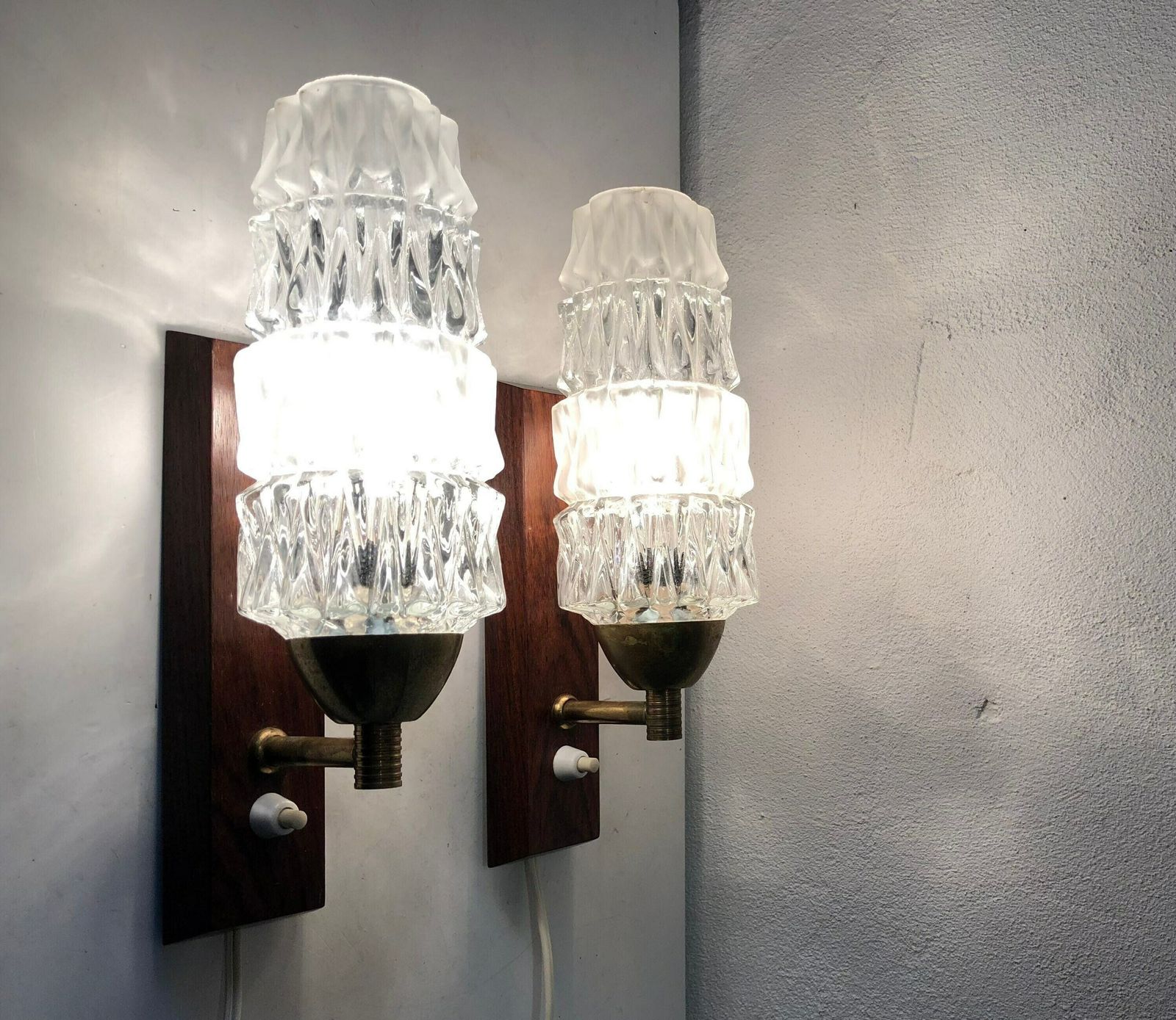 Pair Of Danish Mid Century Teak Wood Wall Lamps With Heavy Glass Shades In Spike Pattern   Design By J. Sommer