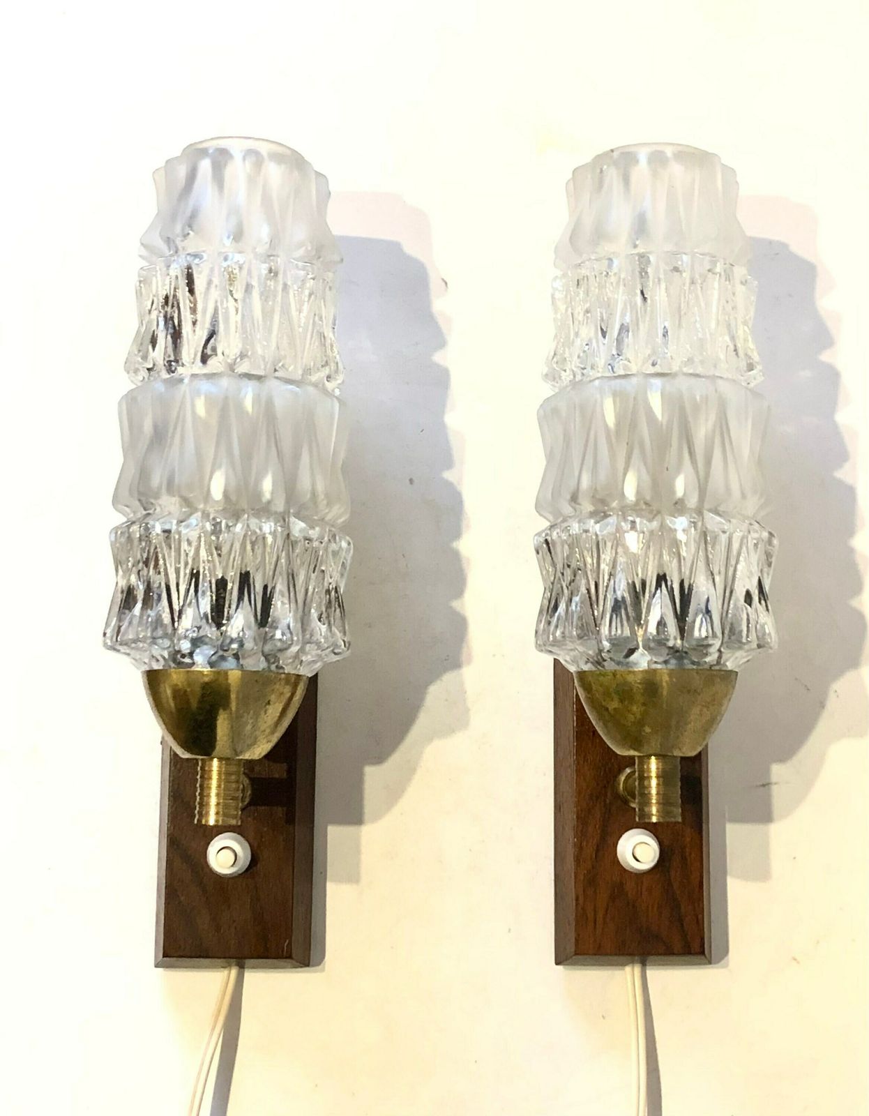 Pair Of Danish Mid Century Teak Wood Wall Lamps With Heavy Glass Shades In Spike Pattern   Design By J. Sommer photo 221.0