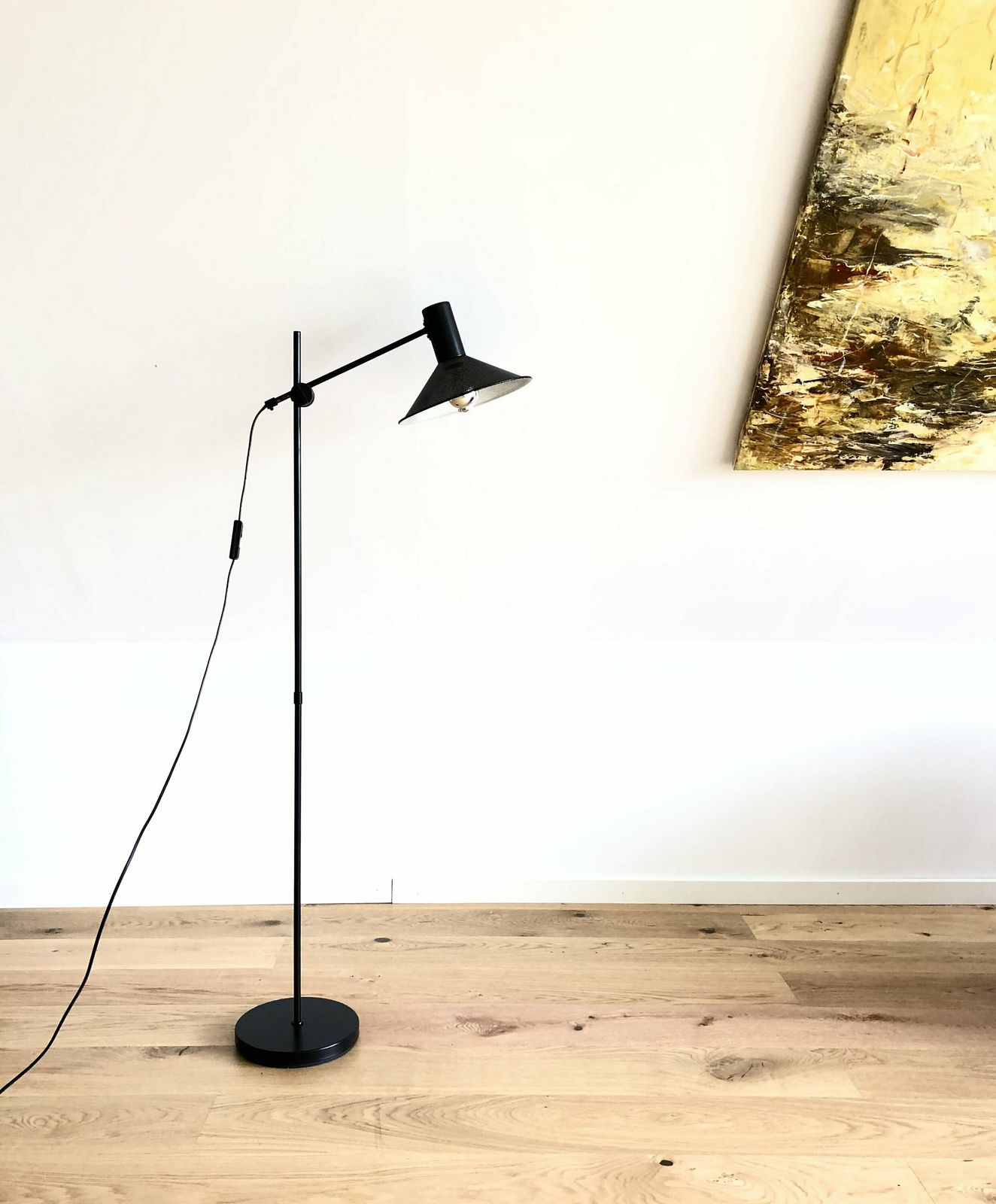 Original Mid Century Modern Danish Floor Lamp In Perforated Metal With Black Paint And Adjustable Shade photo Lighting