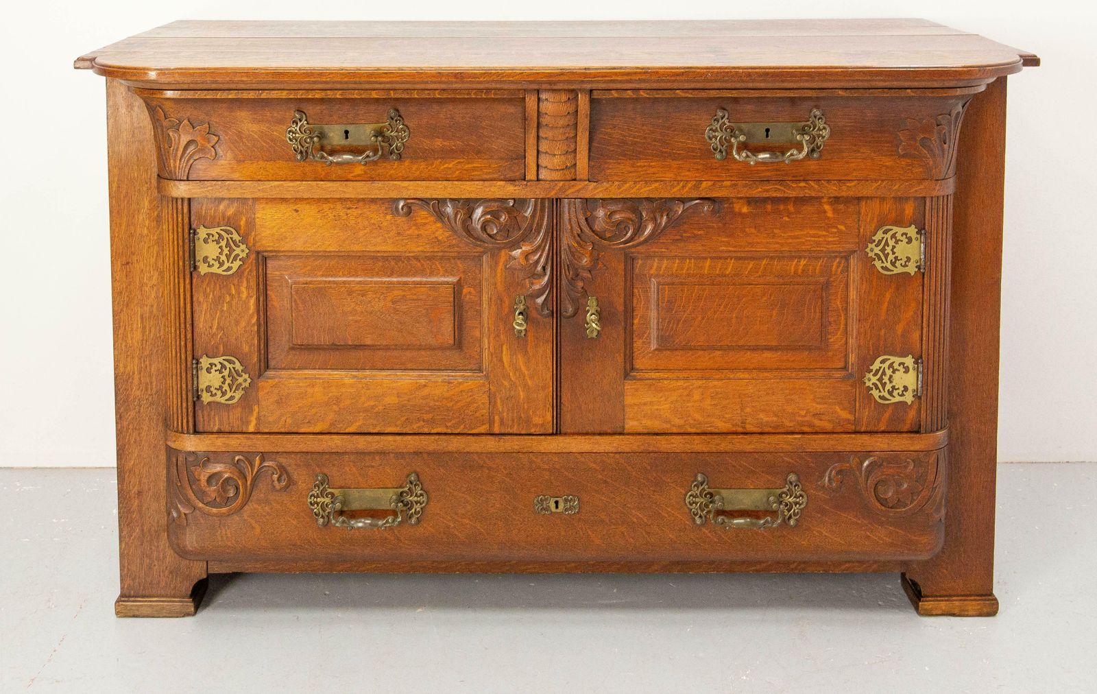 French Huge Oak & Bronze Buffet Neogothic Style Acanthus Leaves Circa 1900 photo furniture