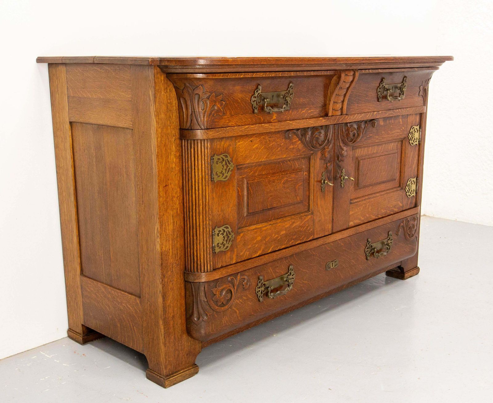 French Huge Oak & Bronze Buffet Neogothic Style Acanthus Leaves Circa 1900 photo for sale