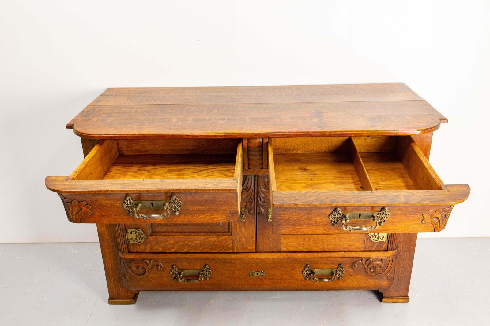 French Huge Oak & Bronze Buffet Neogothic Style Acanthus Leaves Circa 1900 photo buy