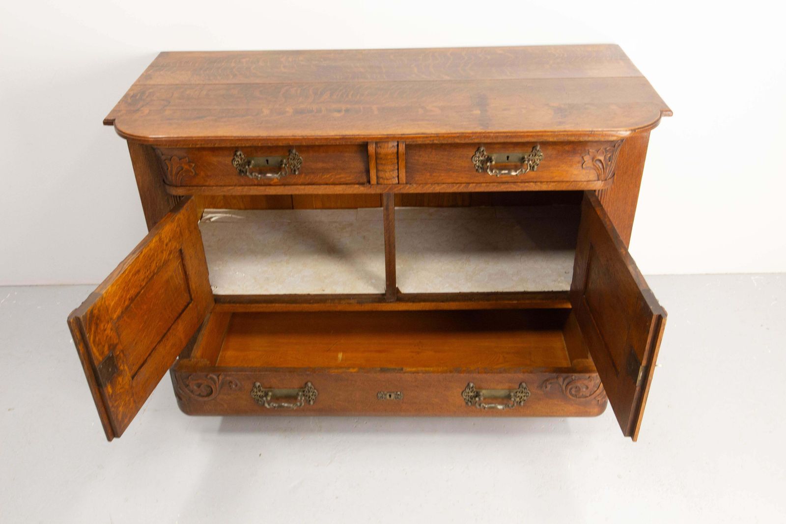 photo furniture French Huge Oak & Bronze Buffet Neogothic Style Acanthus Leaves Circa 1900