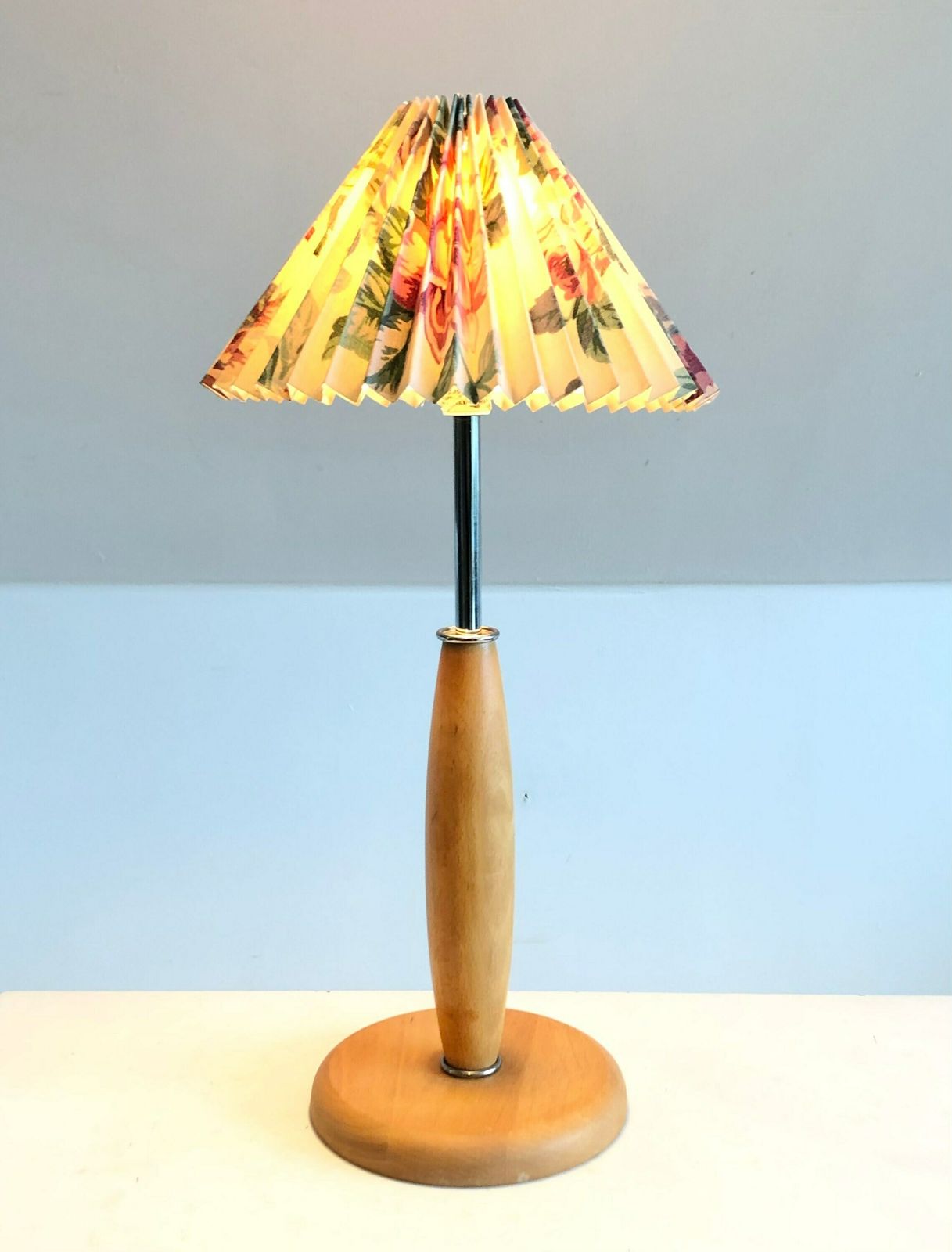 Danish Postmodern "Lotus" Table Lamp In Wood With Chrome Details And Flower Pattern Pleated Shade   Design From Design Light photo furniture