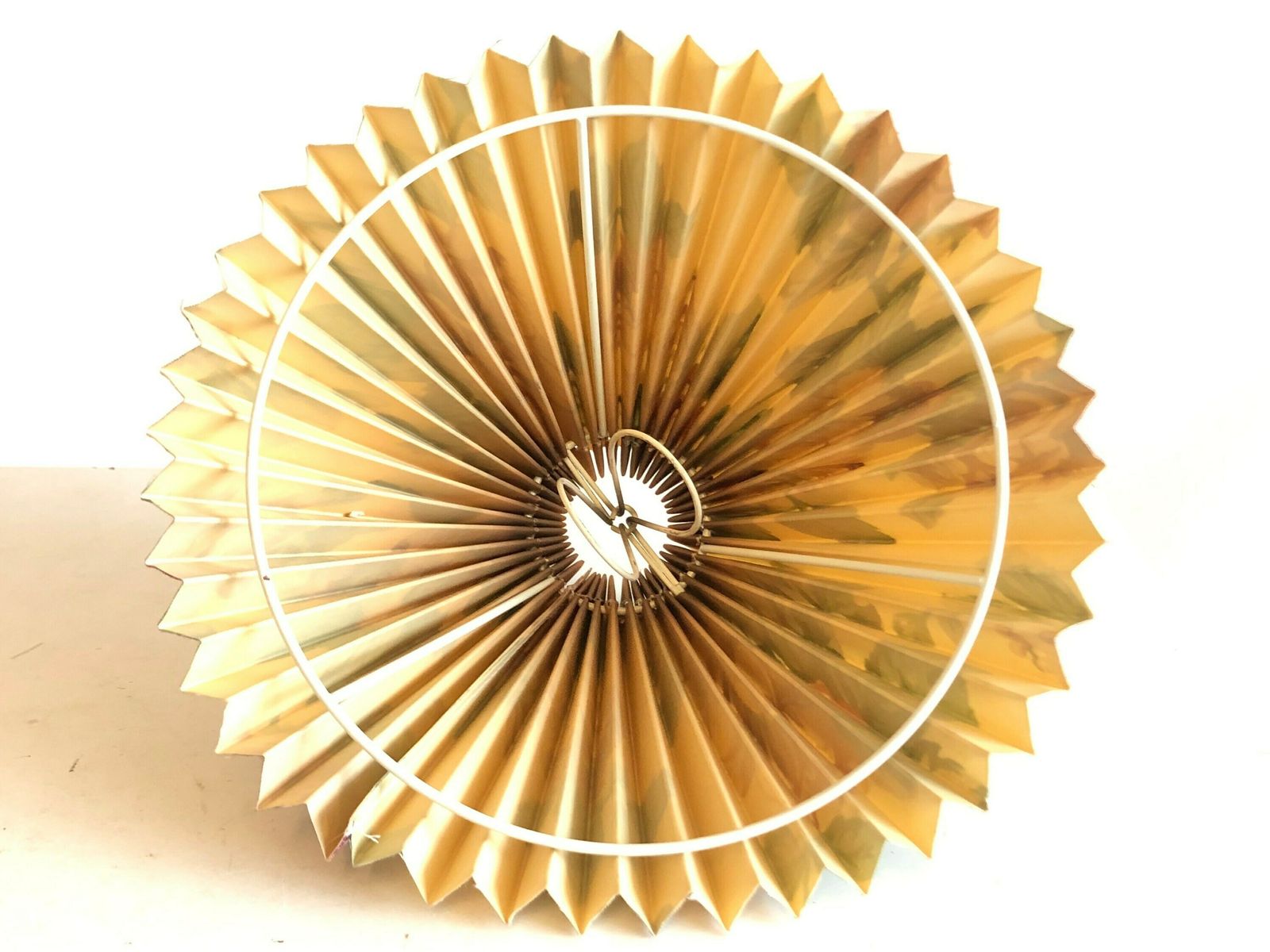 Danish Postmodern "Lotus" Table Lamp In Wood With Chrome Details And Flower Pattern Pleated Shade   Design From Design Light photo vintage