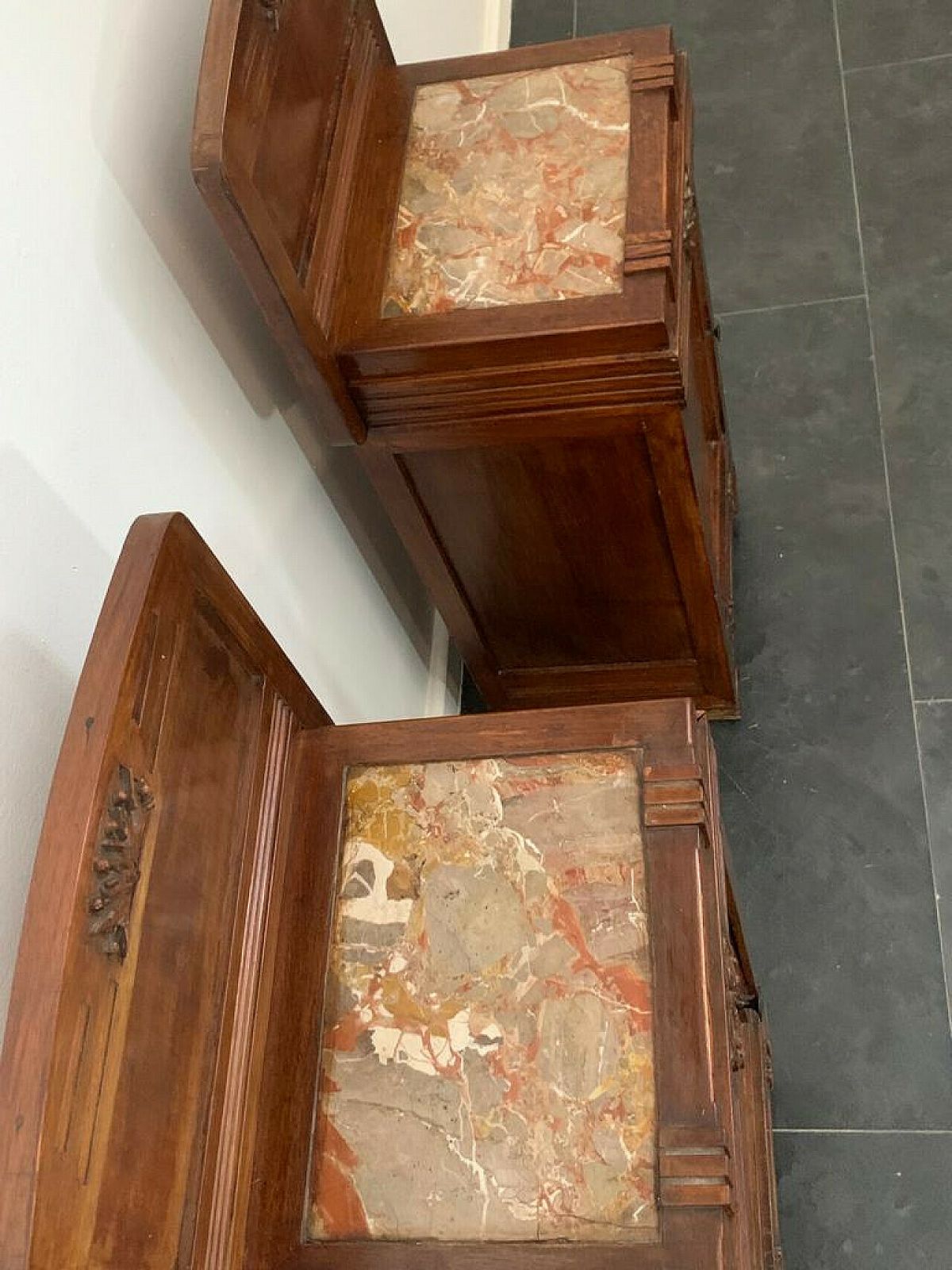 photo for sale Pair Of Art Nouveau Cherry Wood Bedside Tables, Early 20th Century
