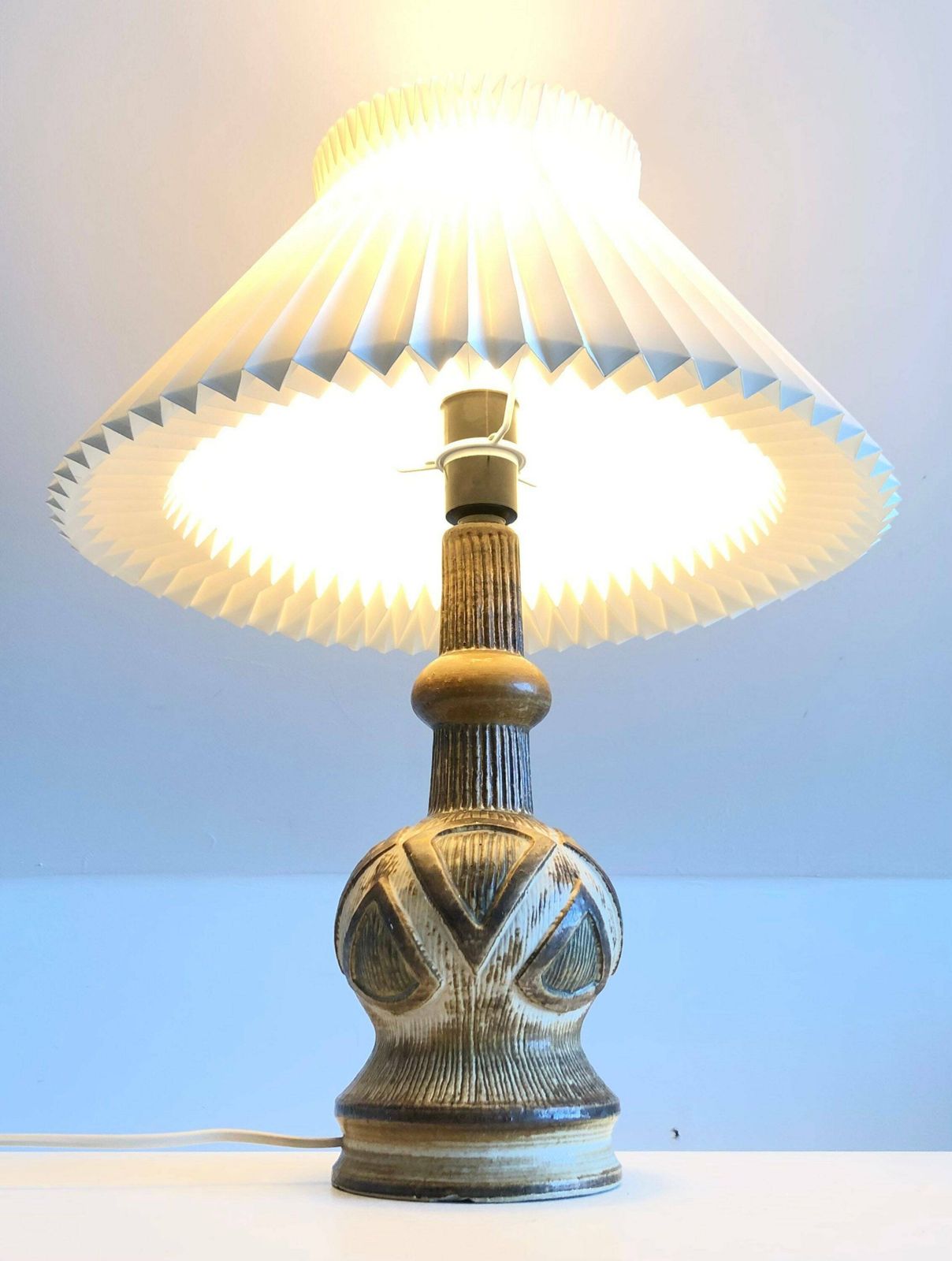 Exclusive Danish Ceramic Sculptural Modernist Mid Century Table Lamp With Eminent Glaze And Le Klint Shade   Design By Kingo Keramik Denmark photo furniture