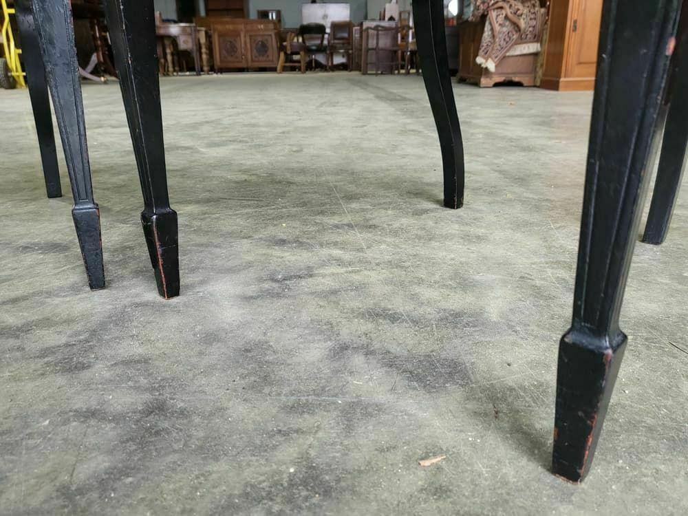 photo for sale Antique Edwardian 3 Black Gold Carved Open Chairs Red Silk Fabric Tapered Legs