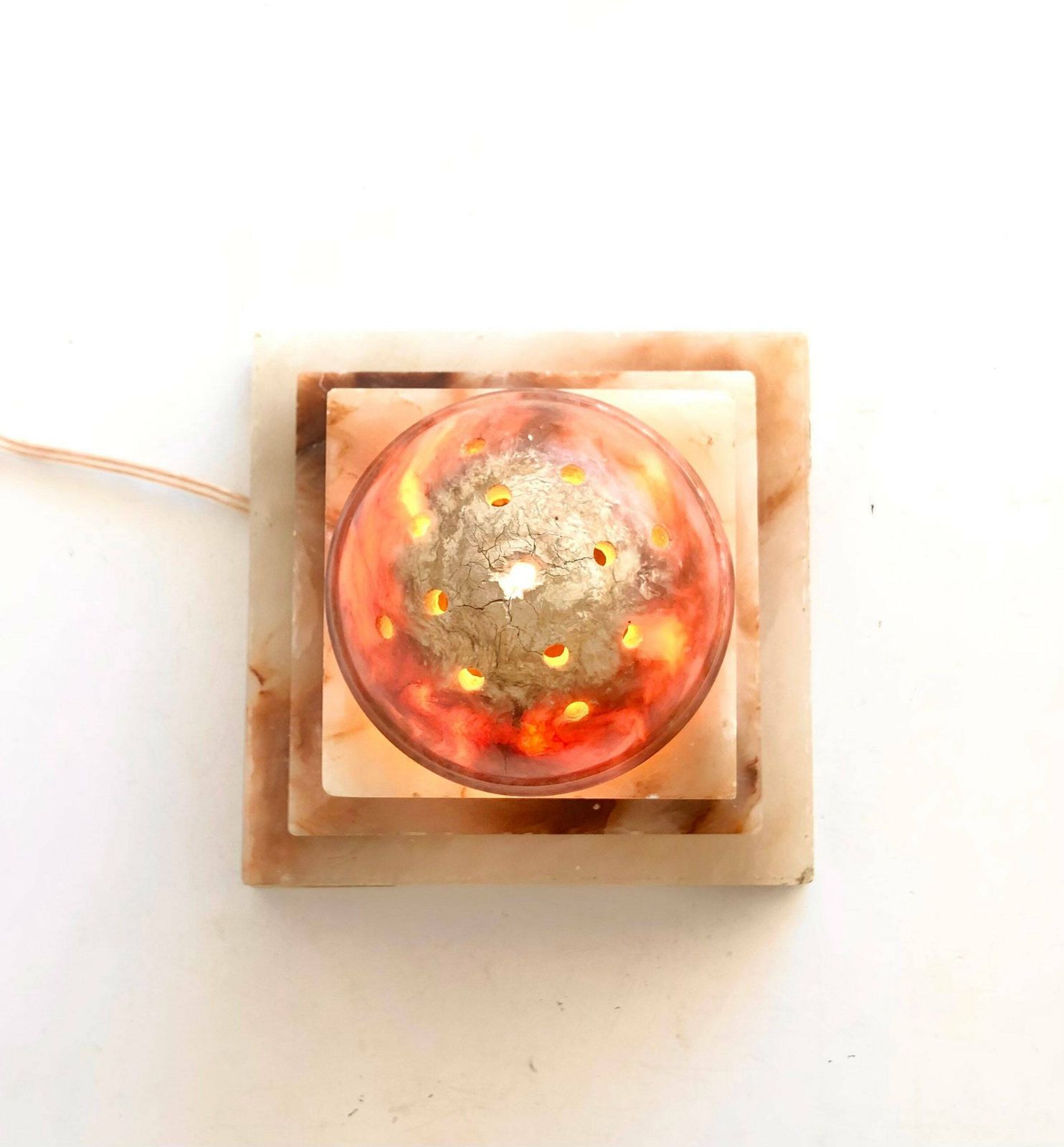 Vintage Gorgeous Alabaster Red Marbled Art Deco Table Lamp With Carved Pattern And Great Light Exposure photo for sale
