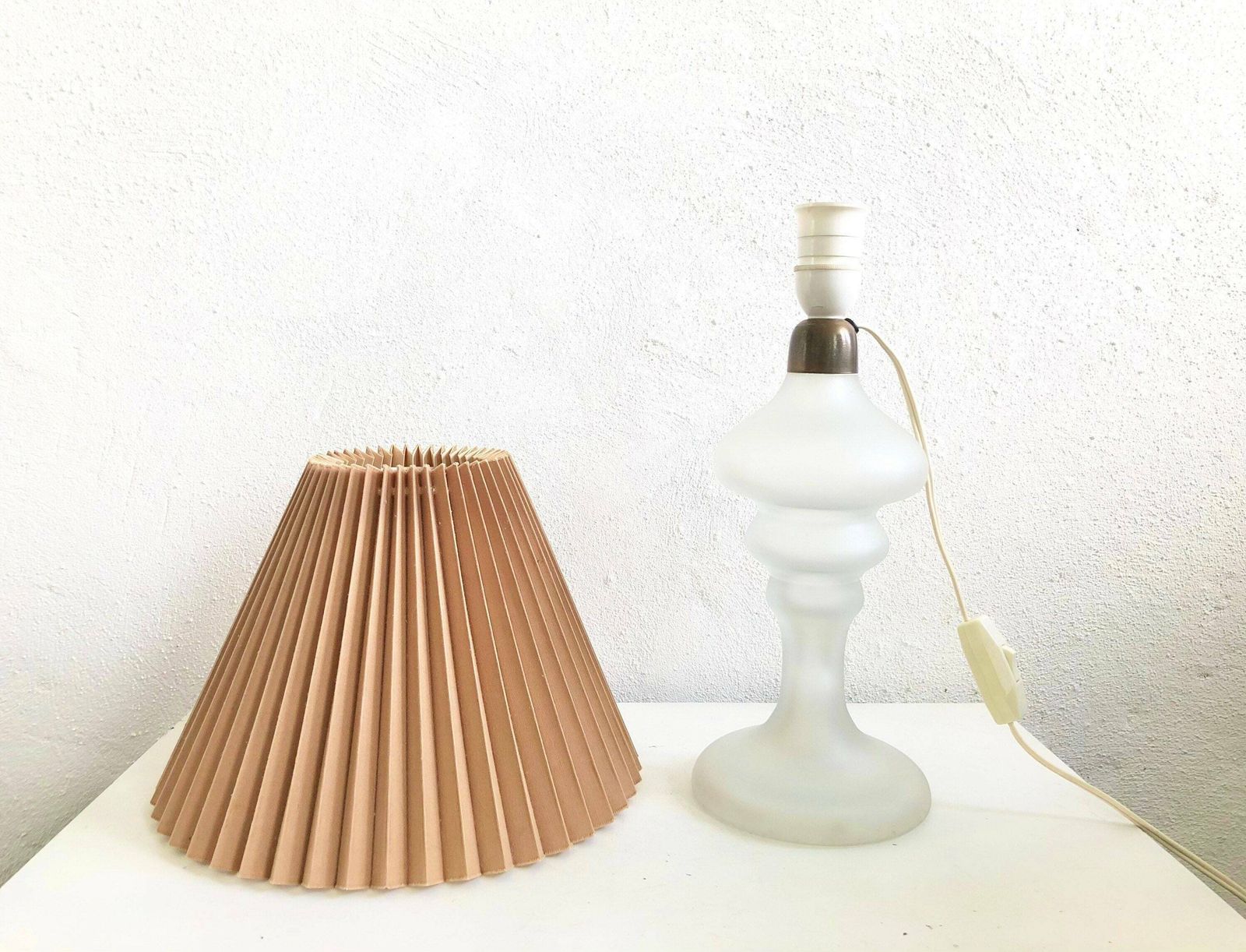 Elegant Mid Century Modern Frosted Glass Table Lamp With Organic Oval Shapes, Brass Details And Vintage Light Brown Pleated Shade photo buy