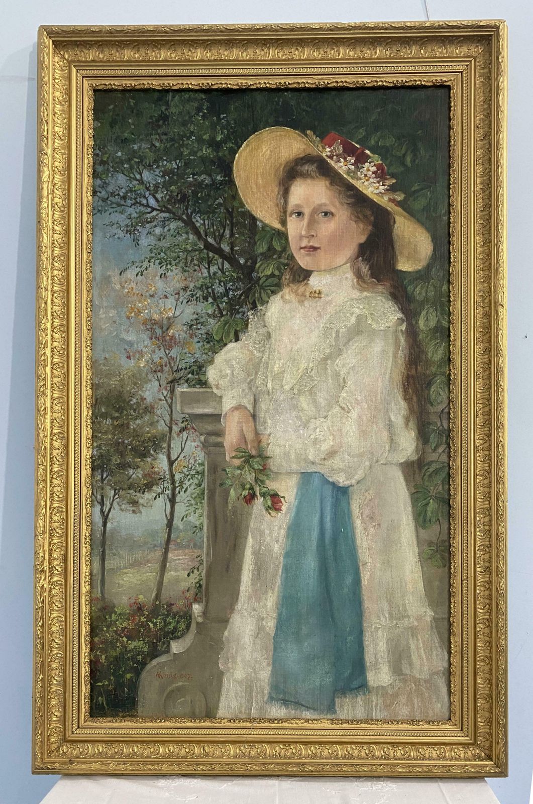 Antique German Oil Painting "Portrait Of A Maiden" From 1901 Signed Konig photo furniture