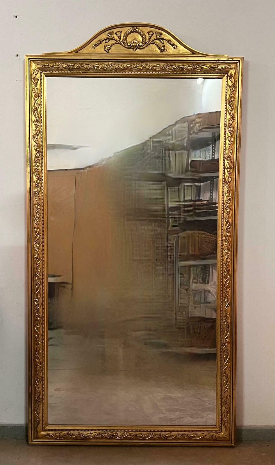 French 19th Century Symmetrical Large Vertical Gold Gilt Mirror With Crest 7.8ft photo for sale