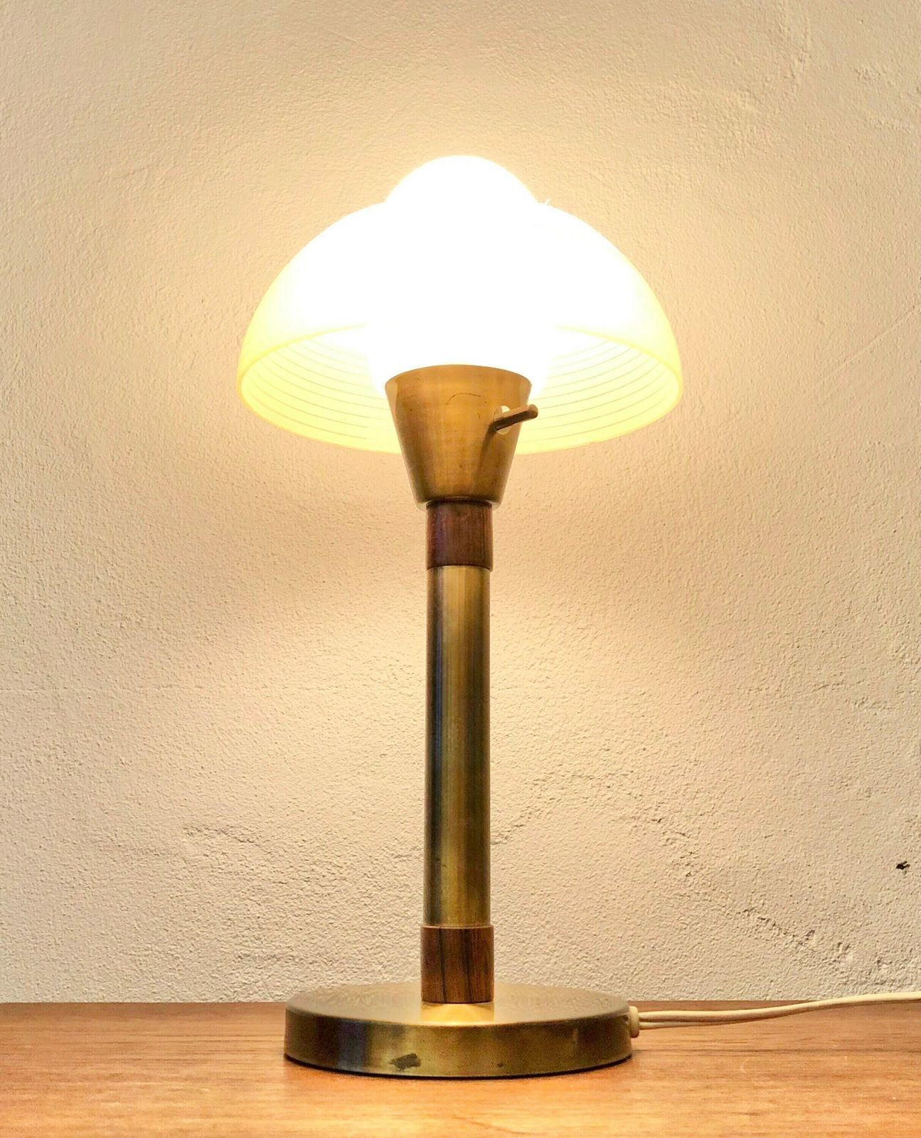 Danish Early Mid Century Table Lamp In Brass With Rare “Fried Egg” Glass Shade And Palisander Details photo Lighting