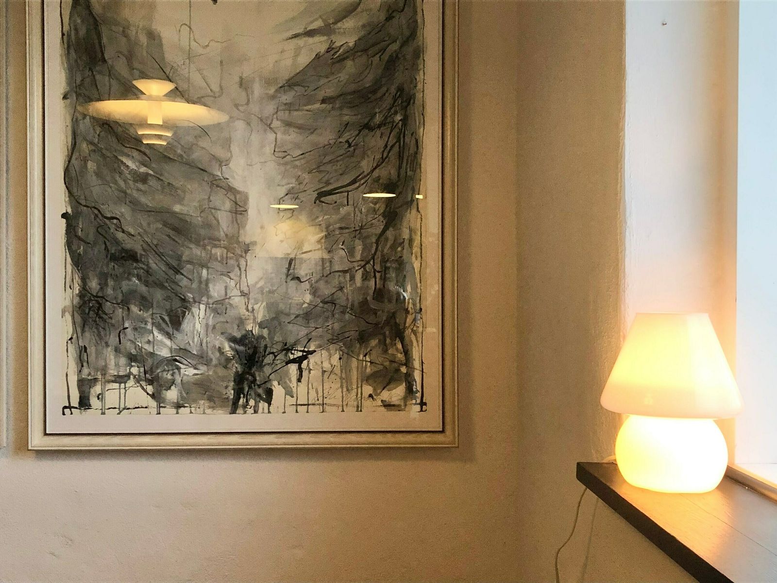 Scandinavian Vintage Mushroom Mid Century Table Lamp In Minimalist White Glass With Cozy Glow photo for sale