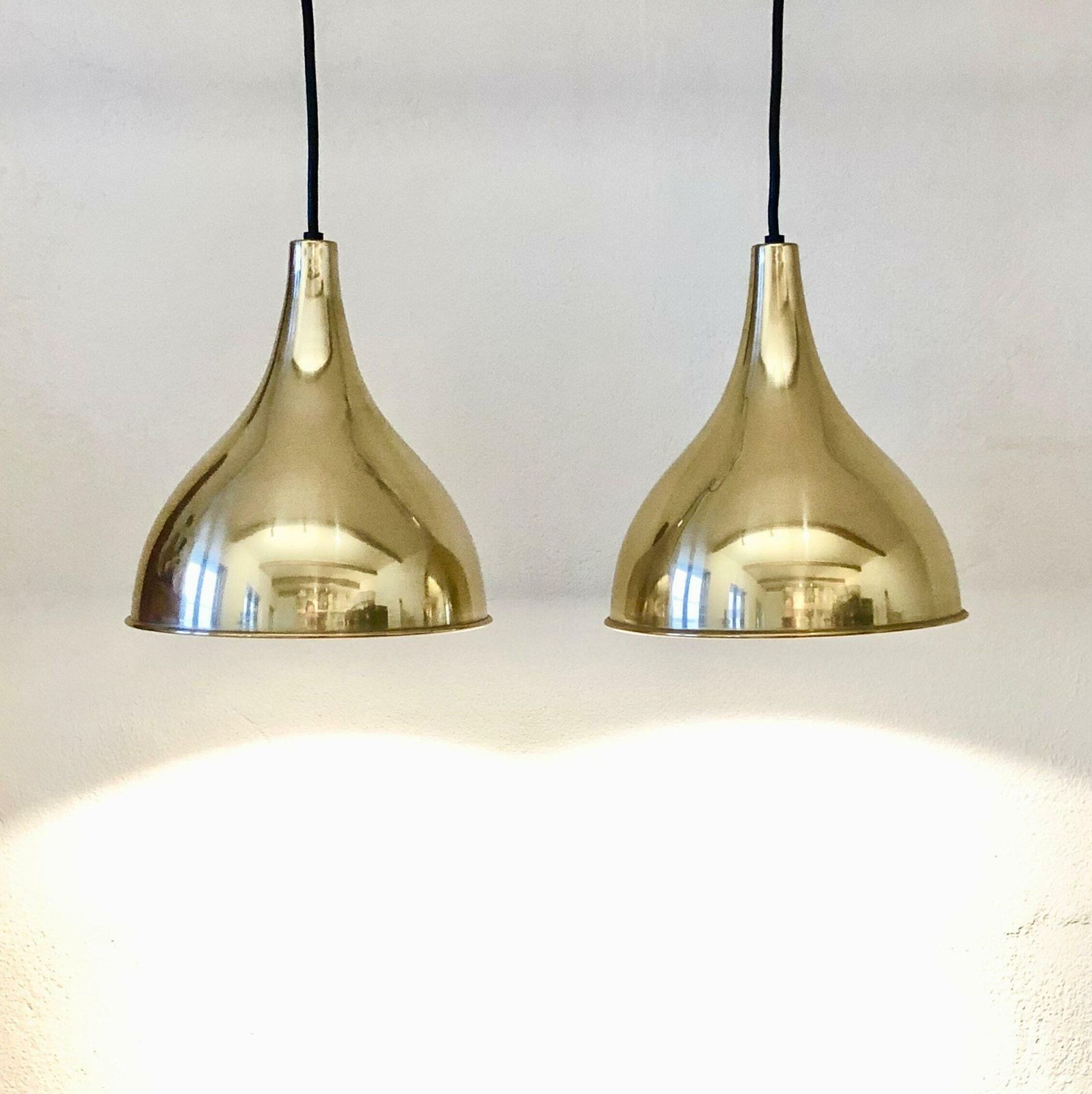 Pair Of Jo Hammerborg Danish Mid Century Modern “Silhuet” Ceiling Lamps In Gold Designed For Fog & Mørup