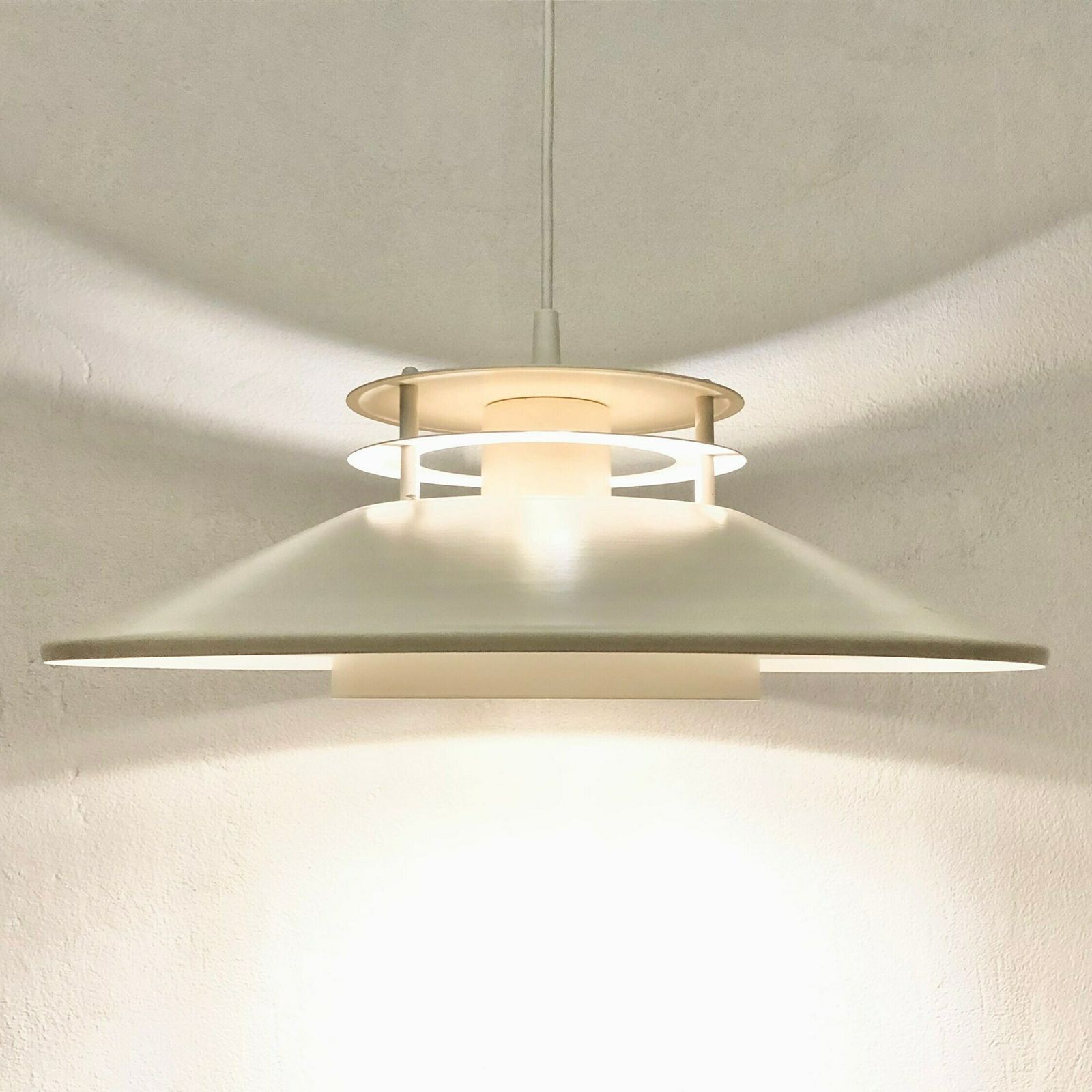 Danish Mid Century Modern Ceiling Lamp In Off White Metal With Multilayer Shades In Minimalist Design
