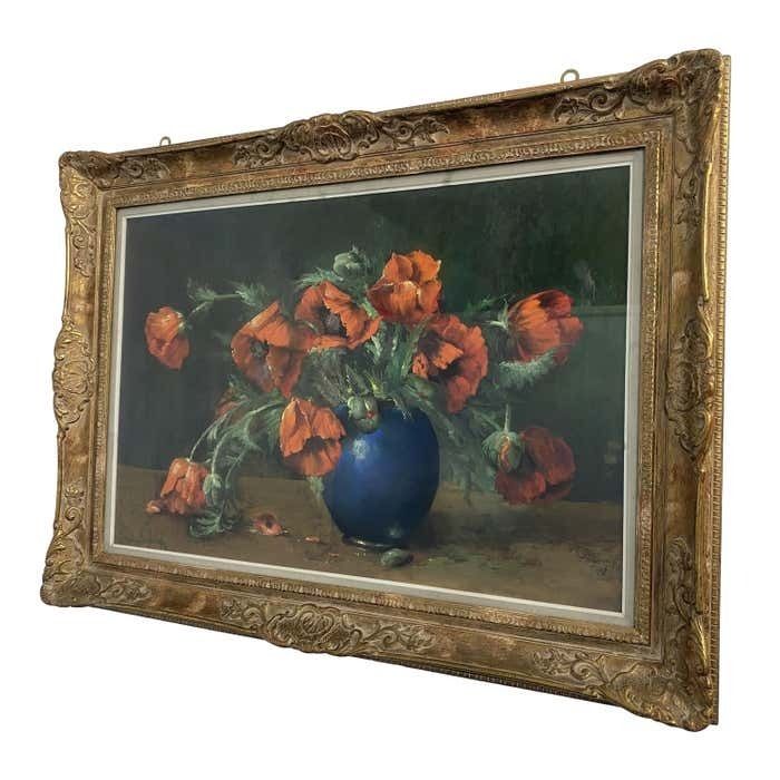 Pastel Painting Vase With Flowers Signed Jaak Van Den Seylbergh  Belgium 1950s