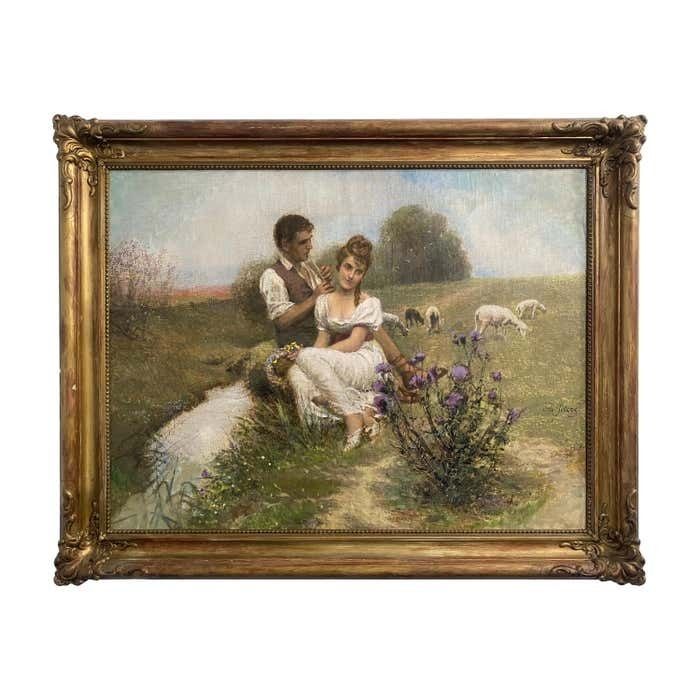 Antique Oil Painting Bucolic Scene Signed Otto Peters Hungary 1890