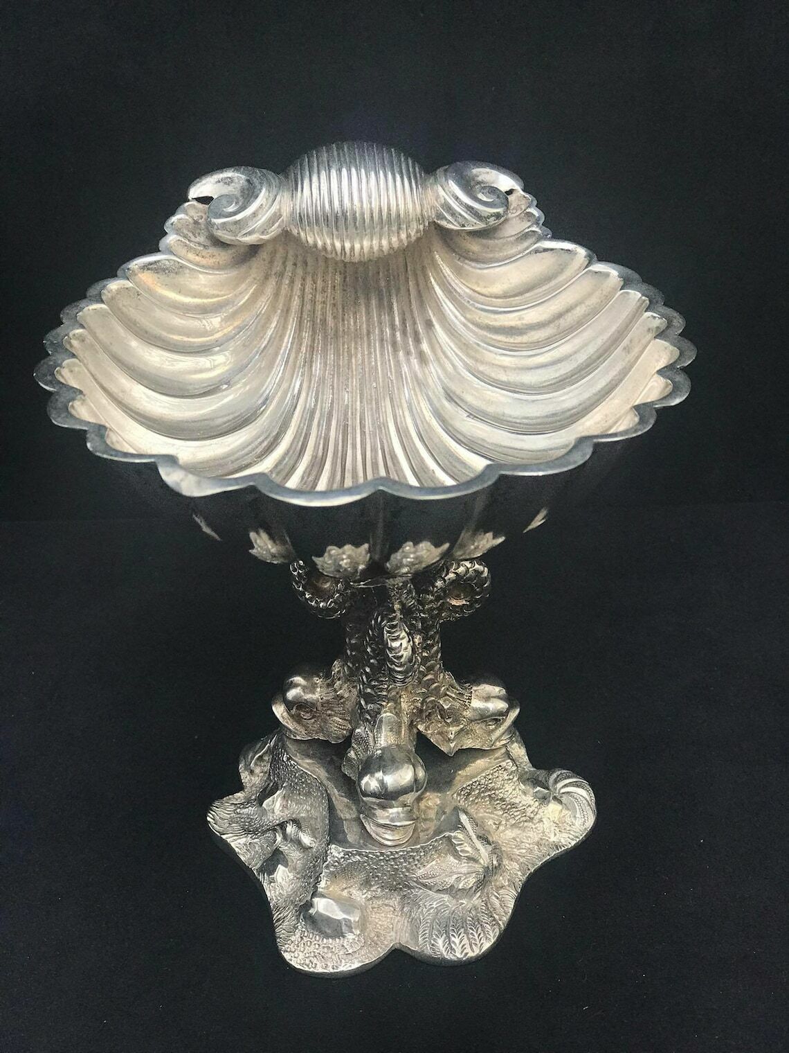 Victorian Shell Small Dish Caviar Dish Sweets Vanity Decor William Hutton & Sons Metal Shell Bowl On Top 3 Dolphin Fish Ornament photo furniture