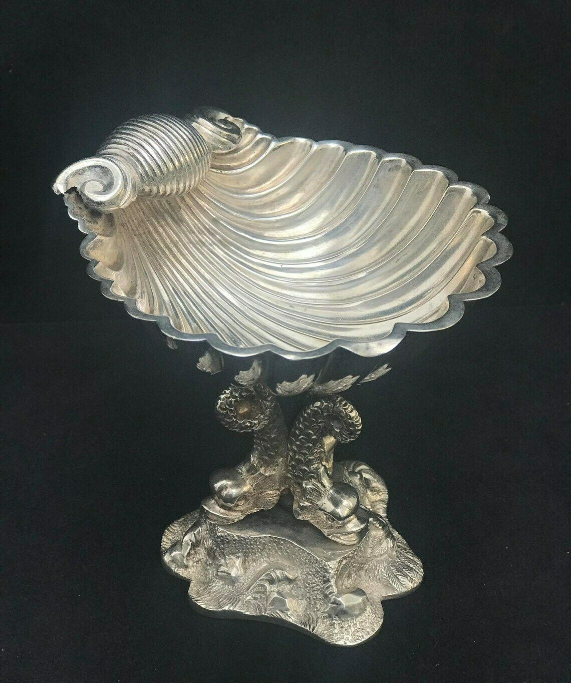 Victorian Shell Small Dish Caviar Dish Sweets Vanity Decor William Hutton & Sons Metal Shell Bowl On Top 3 Dolphin Fish Ornament photo buy