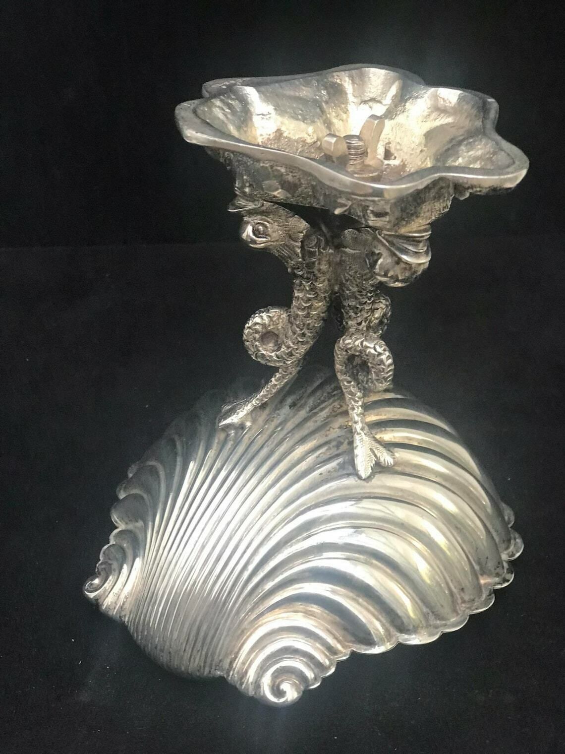 Victorian Shell Small Dish Caviar Dish Sweets Vanity Decor William Hutton & Sons Metal Shell Bowl On Top 3 Dolphin Fish Ornament photo vintage