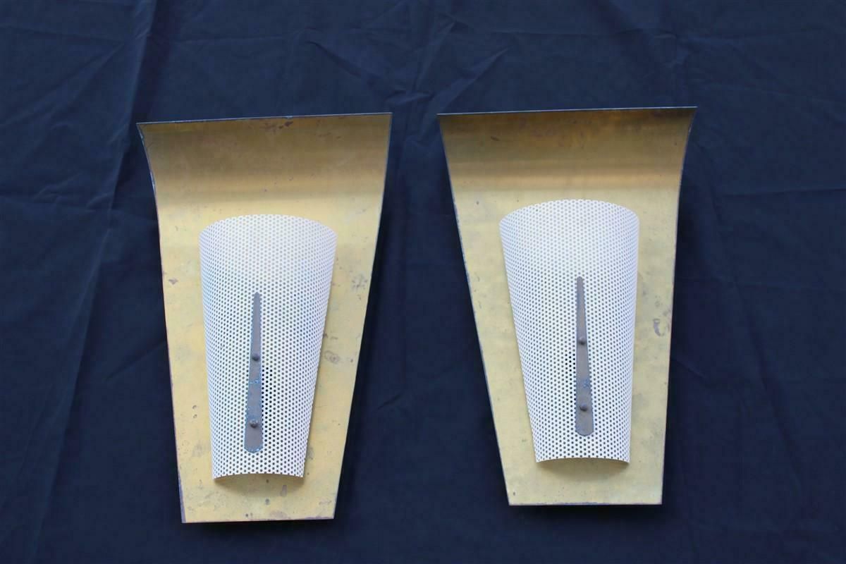 Pair Of French Mid Century Wall Lamps In Brass And Perforated Metal photo furniture