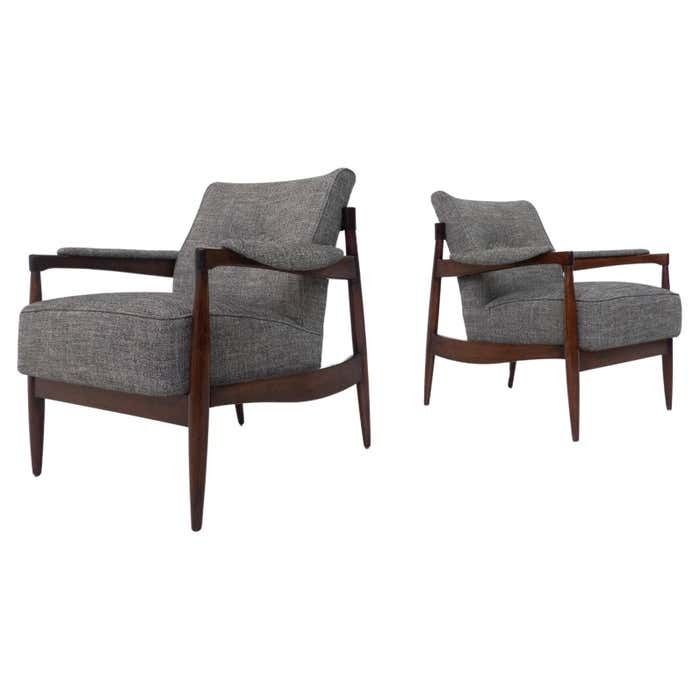 Mid Century Modern Pair Of Armchairs, Wood And Grey Fabric, Italy, 1960s