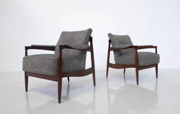 Mid Century Modern Pair Of Armchairs, Wood And Grey Fabric, Italy, 1960s photo furniture