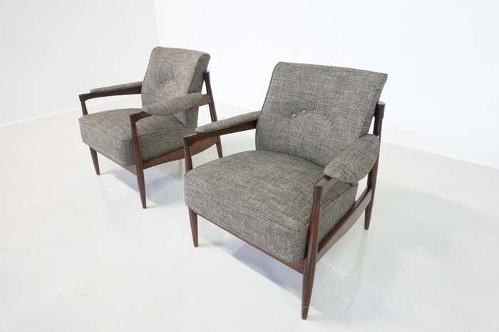 photo for sale Mid Century Modern Pair Of Armchairs, Wood And Grey Fabric, Italy, 1960s