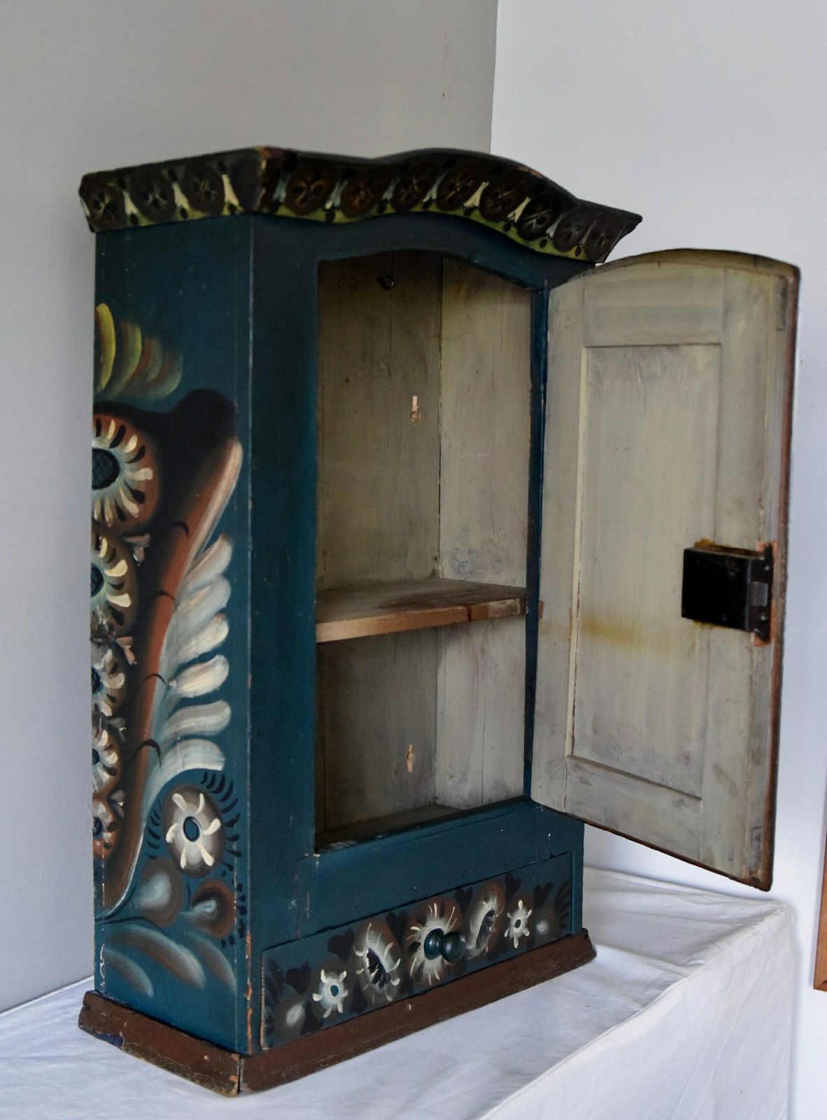 Original Blue Painted Antique Folk Art Swedish Cabinet photo for sale