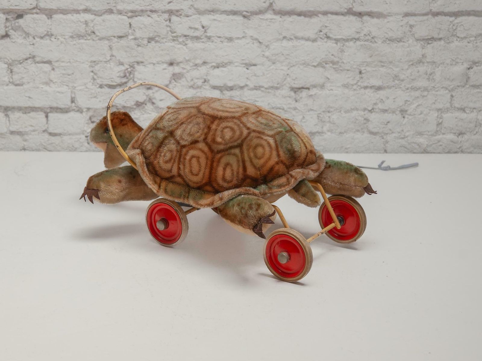 Children Steiff Large Plush Turtle Toy With Glass Button Eyes 1960s And Wheels photo vinterior