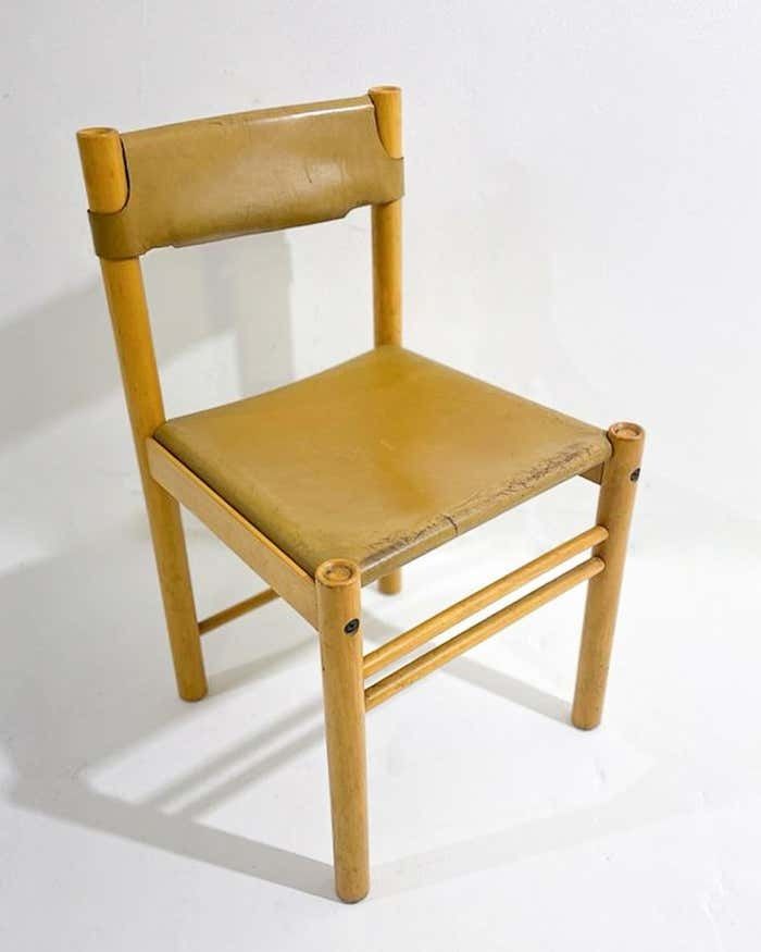 Mid Century Modern Set Of 6 Wood And Leather Chairs, Italy, 1960s photo for sale
