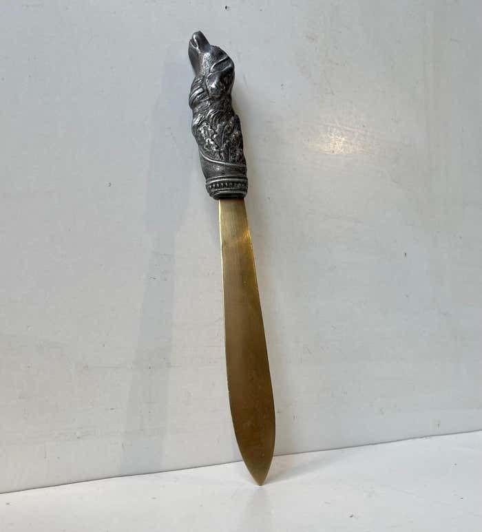 Antique Italian Brass Letter Opener With Pewter Dog Handle photo Home Decor