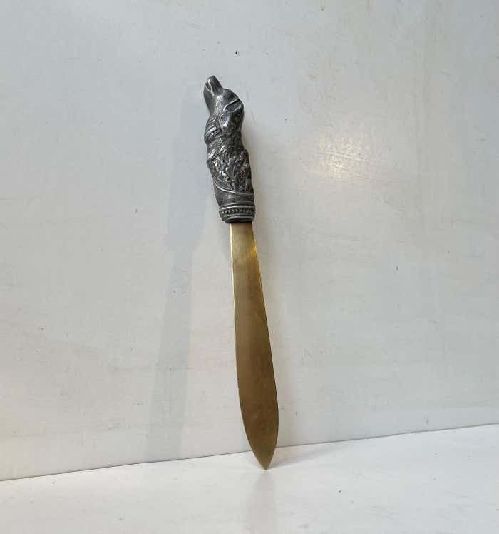 Antique Italian Brass Letter Opener With Pewter Dog Handle photo vinterior