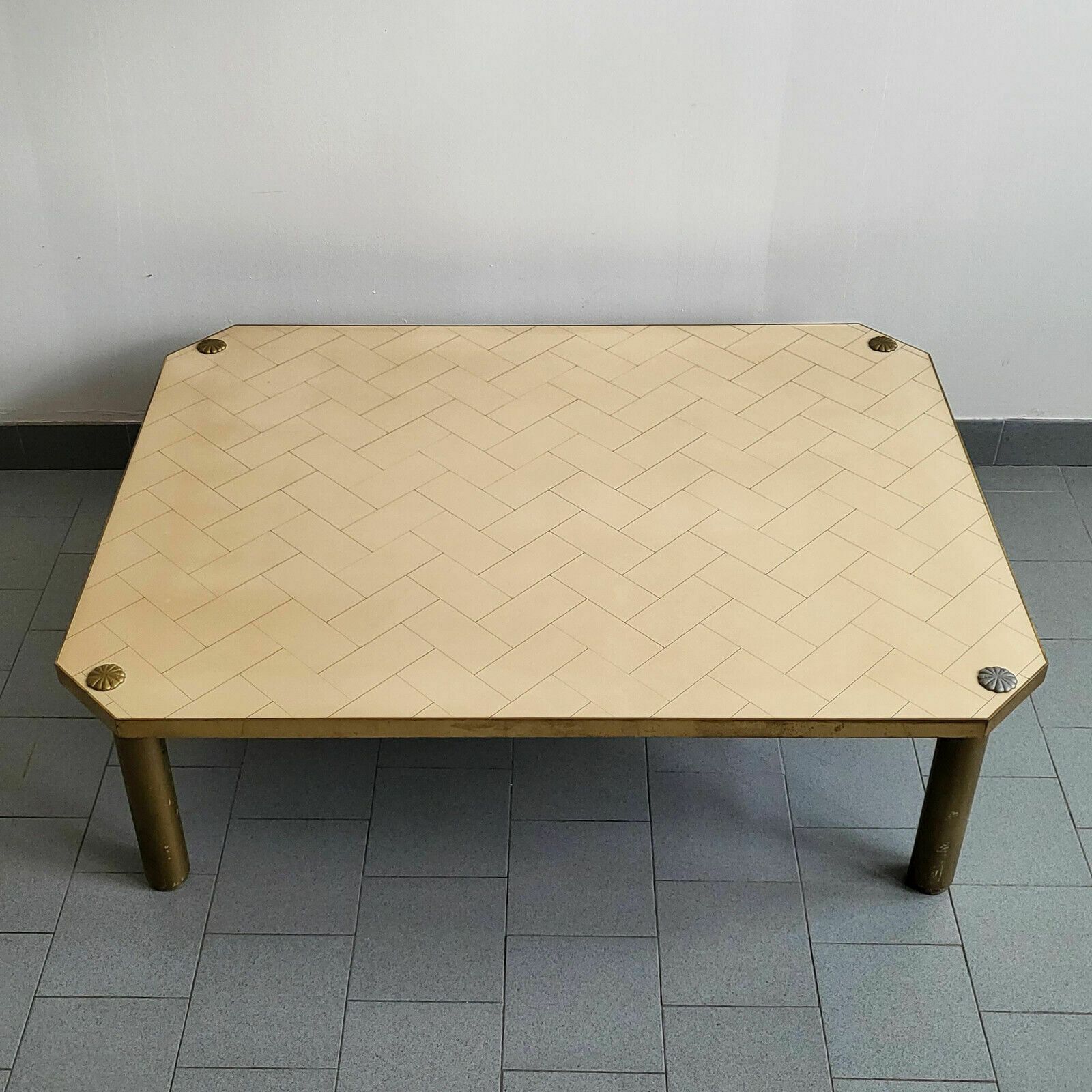 Important Vintage Italian Coffee Table 1960 In Formica Brass & Gilt Steel 60s