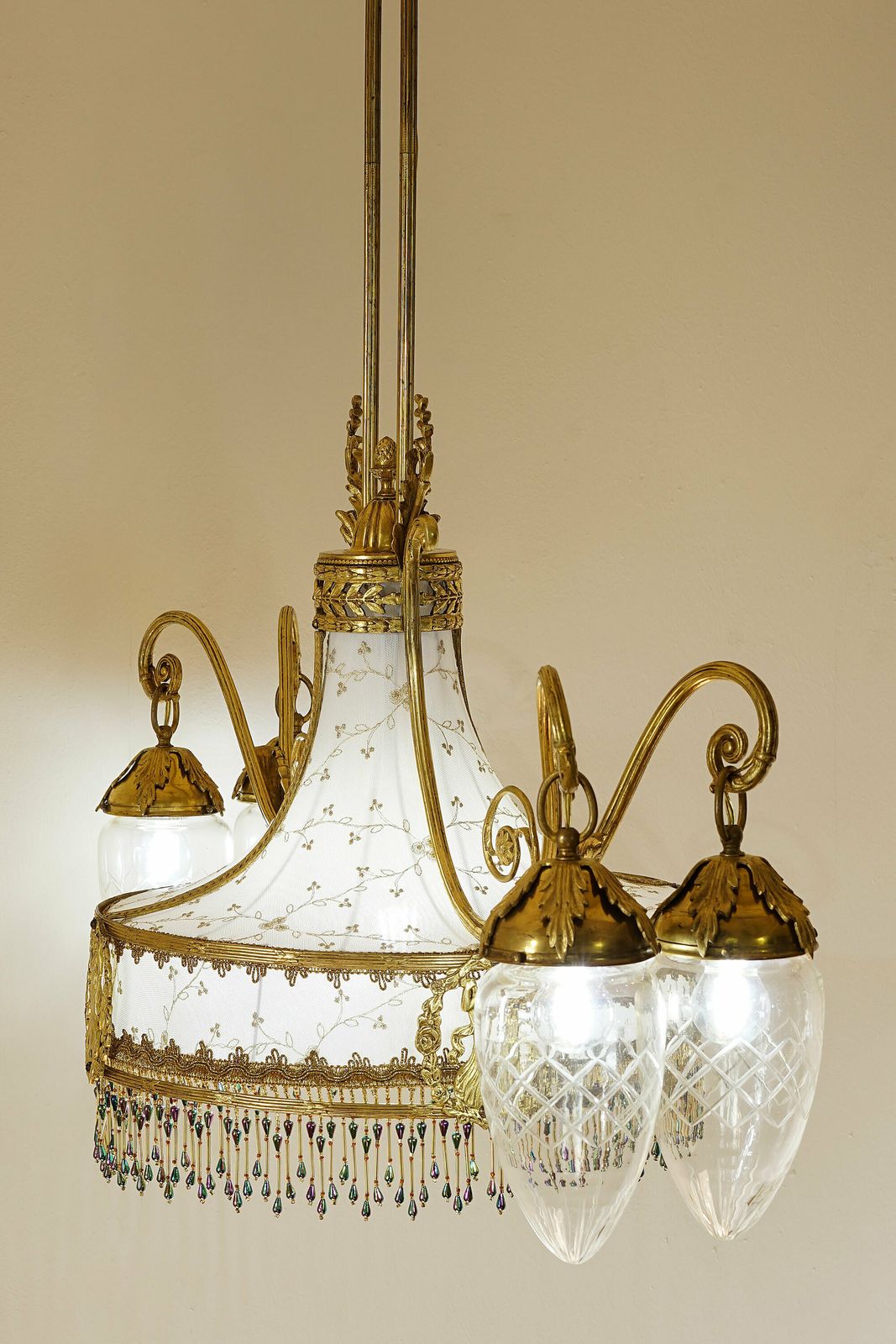 Art Nouveau Brass Chandelier, With A White And Gold Tulle Fabric Lampshade photo vintage