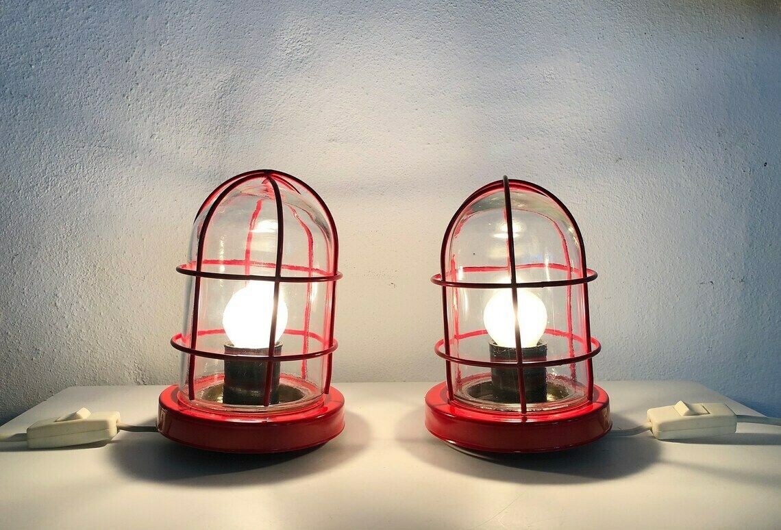 Pair Of Danish Mid Century Modern Table Or Wall Lamps In Red Painted Metal And Glass Shade   Design From Abo Randers photo for sale